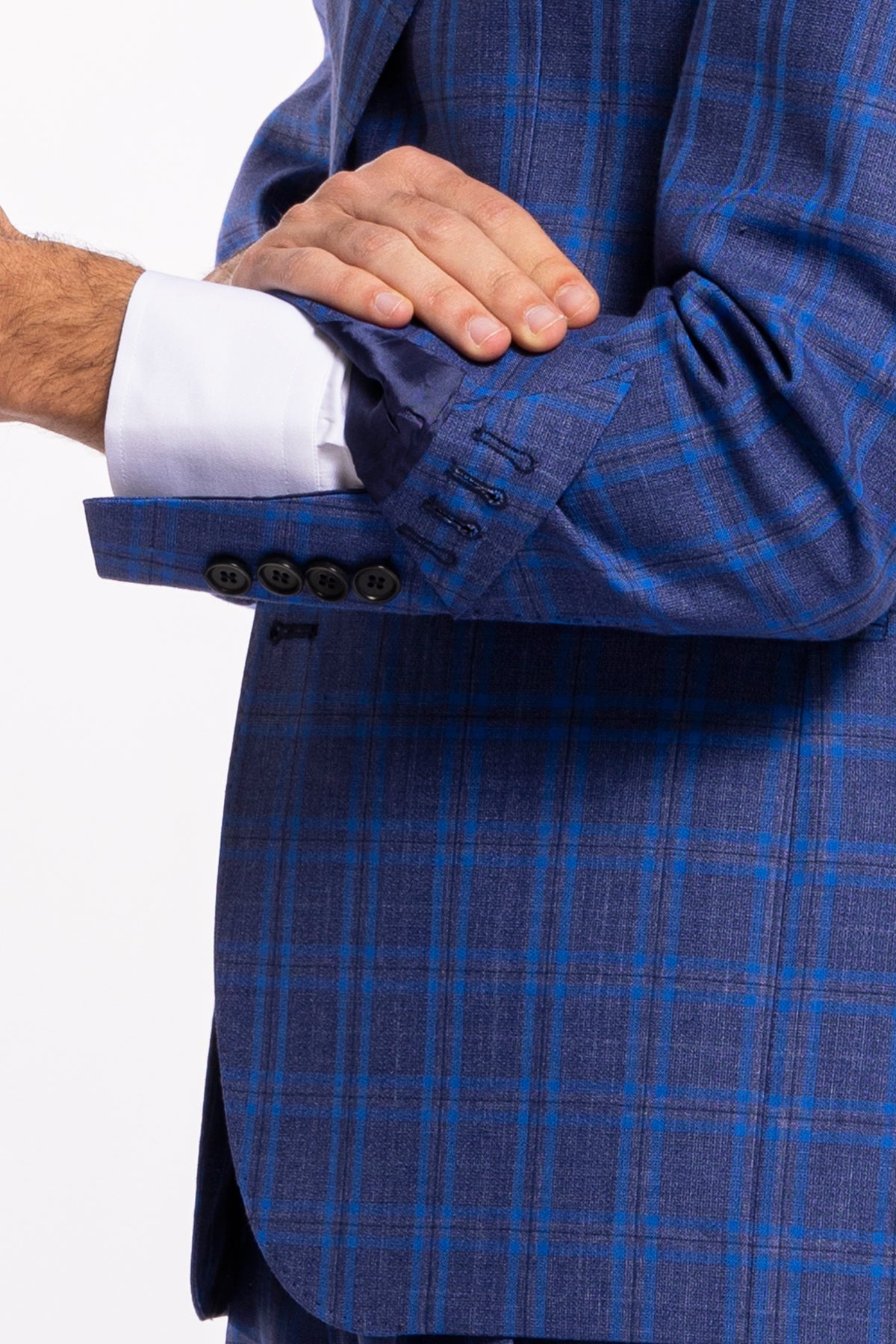 Abito uomo monopetto blu fantasia quadri royal blu fresco lana e seta Bristol Tessuti Rever largo a lancia