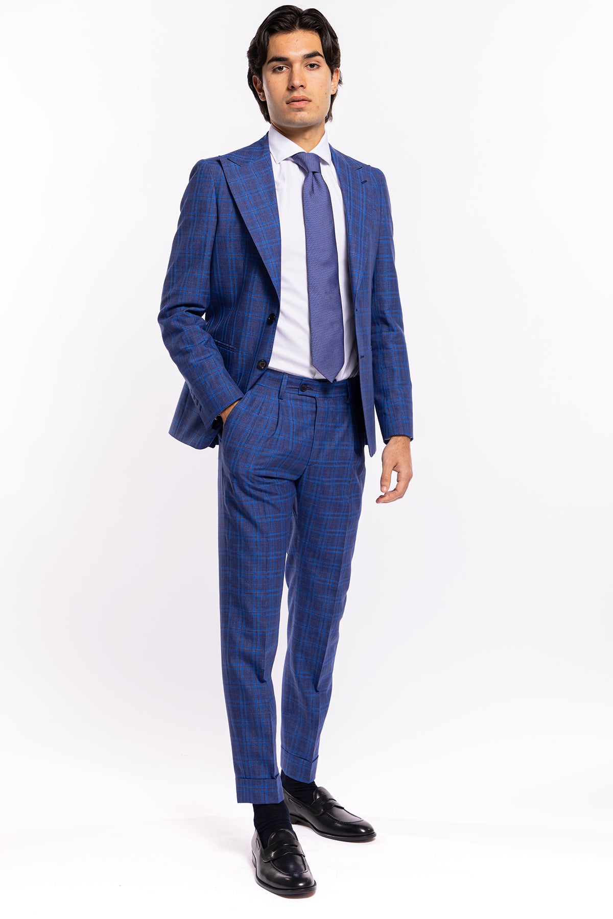Giacca uomo monopetto blu fantasia quadri royal blu fresco lana e seta Bristol Tessuti Rever largo a lancia