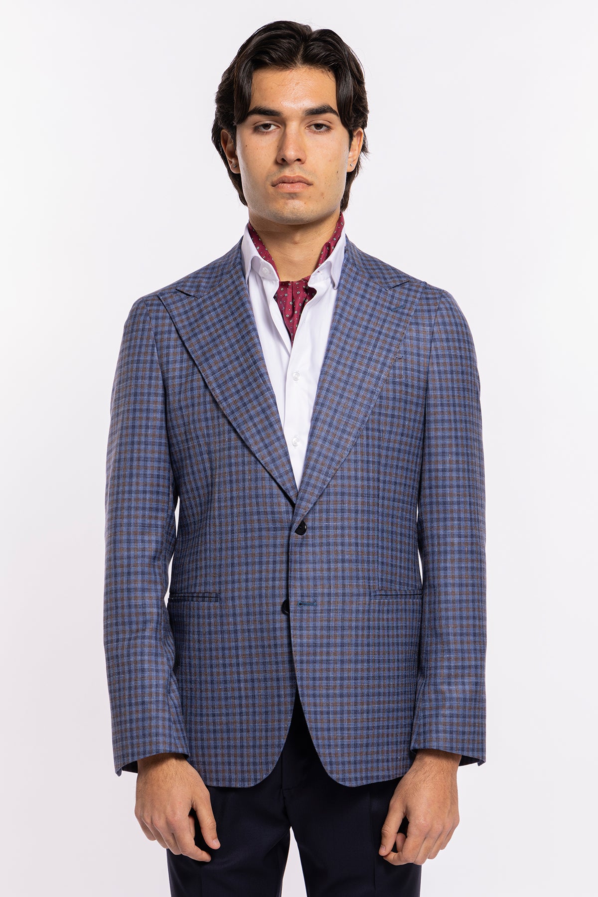 Giacca uomo monopetto blu fantasia quadretti marrone e denim fresco lana seta e lino Bristol Tessuti Rever largo a lancia