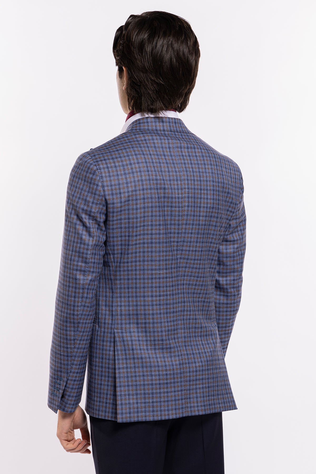 Giacca uomo monopetto blu fantasia quadretti marrone e denim fresco lana seta e lino Bristol Tessuti Rever largo a lancia