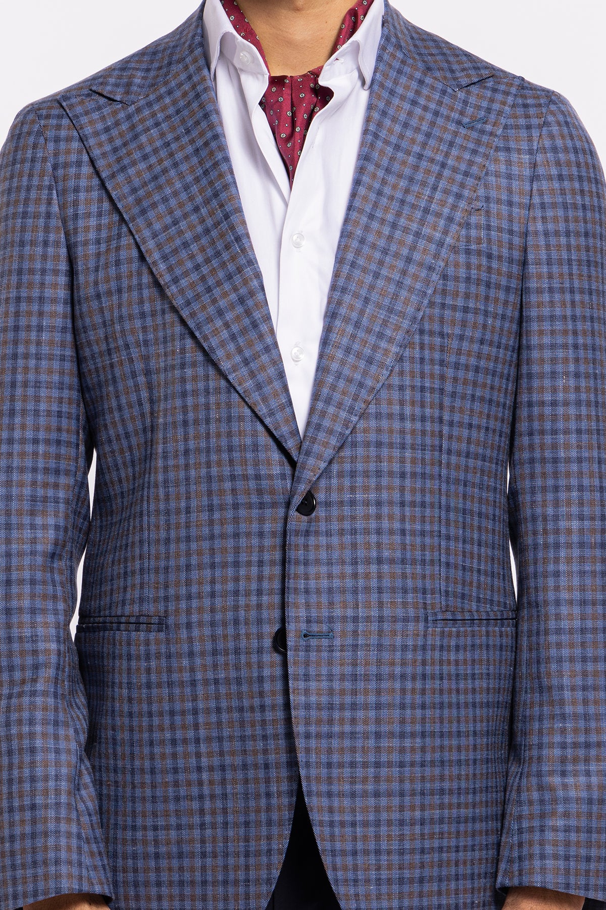 Giacca uomo monopetto blu fantasia quadretti marrone e denim fresco lana seta e lino Bristol Tessuti Rever largo a lancia