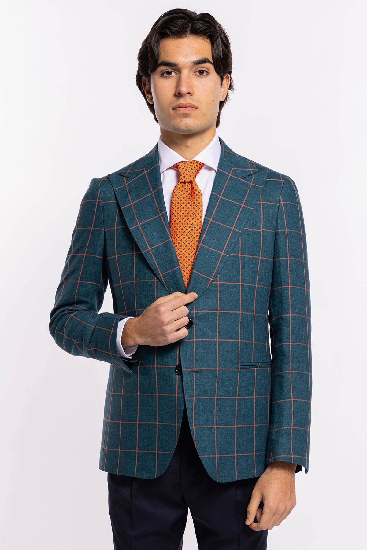 Giacca uomo monopetto verde fantasia quadri arancio lino e cotone Bristol Tessuti Rever largo a lancia