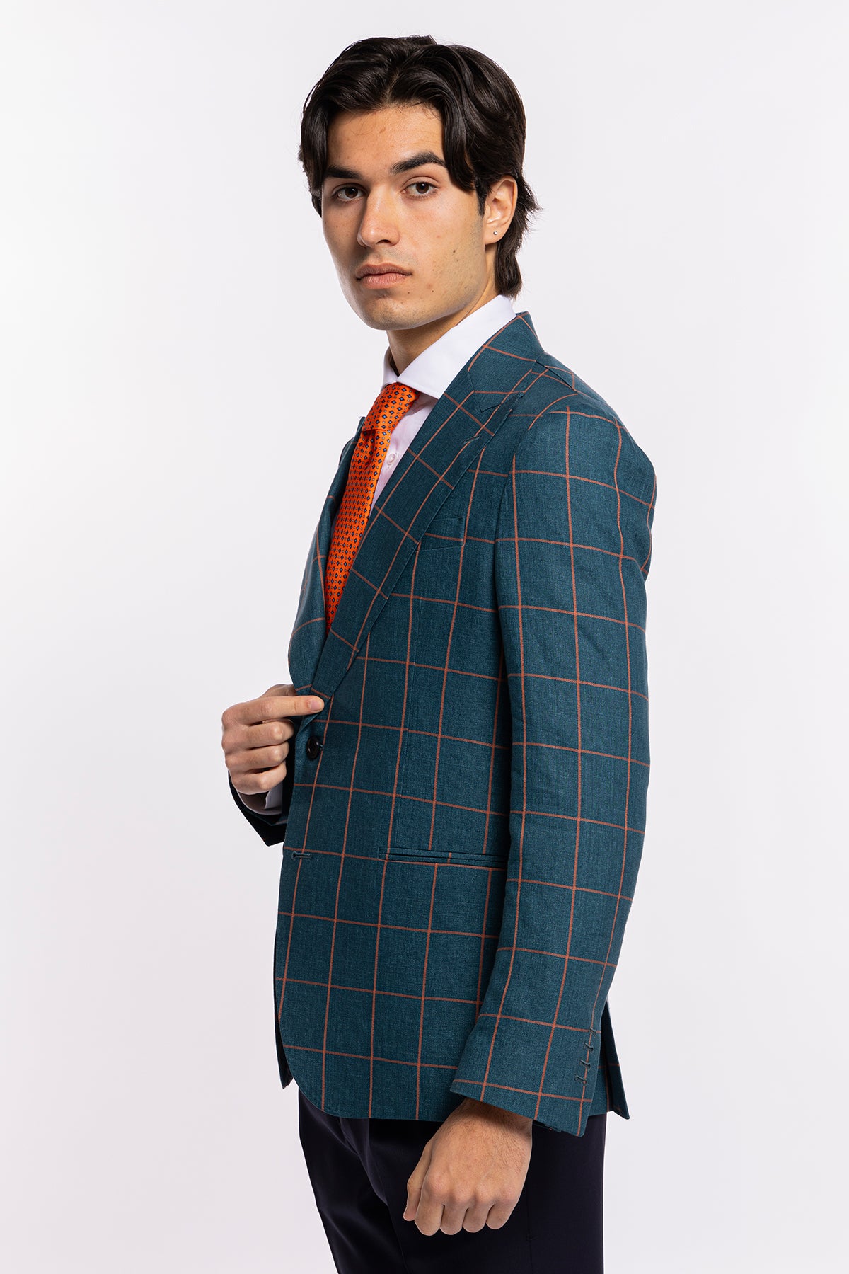 Giacca uomo monopetto verde fantasia quadri arancio lino e cotone Bristol Tessuti Rever largo a lancia