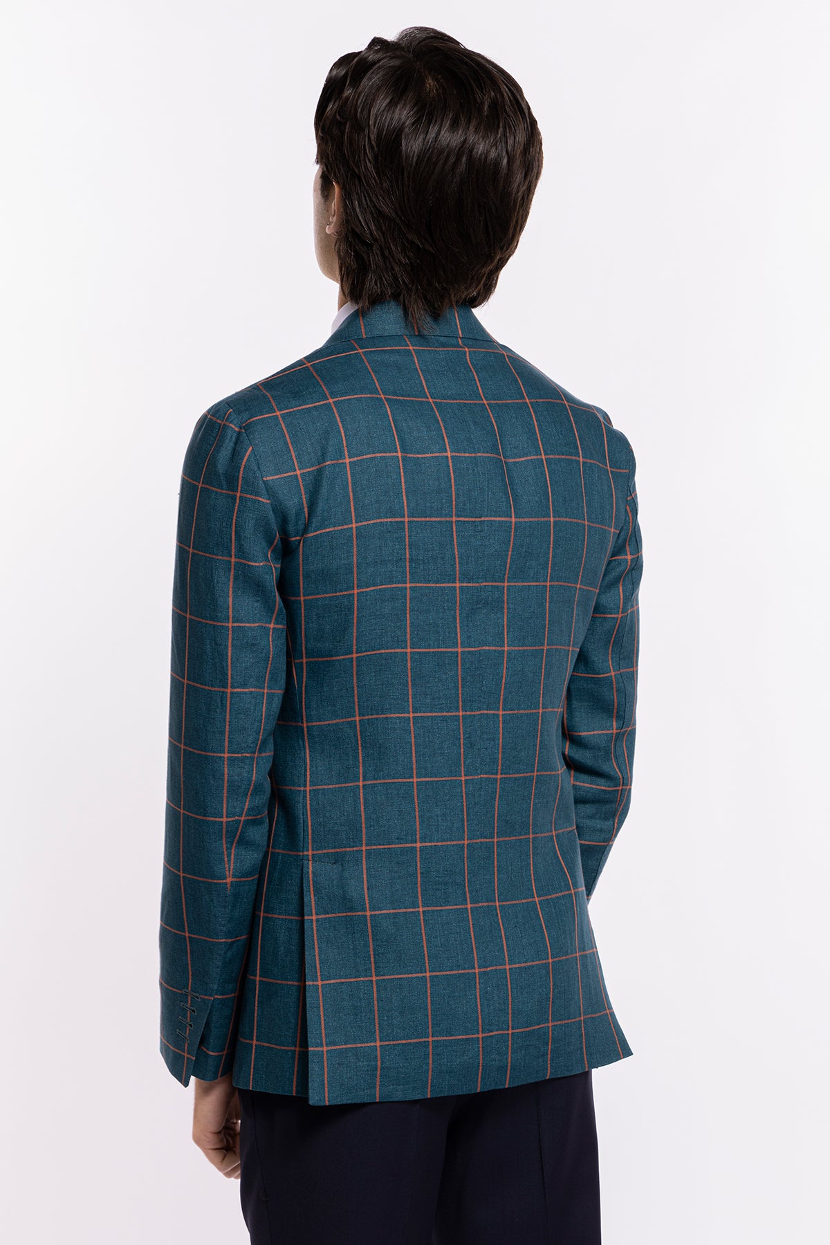 Giacca uomo monopetto verde fantasia quadri arancio lino e cotone Bristol Tessuti Rever largo a lancia