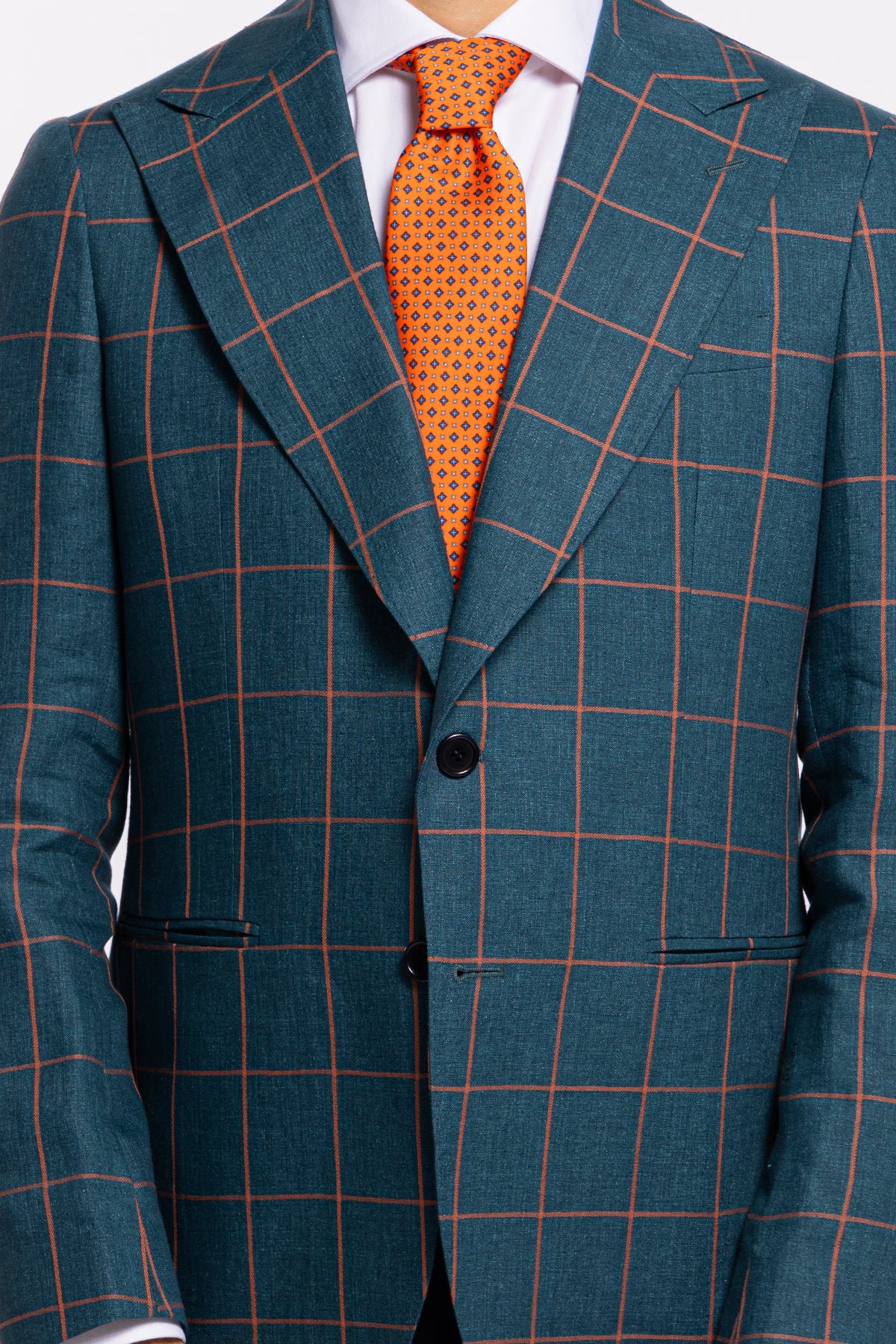 Giacca uomo monopetto verde fantasia quadri arancio lino e cotone Bristol Tessuti Rever largo a lancia