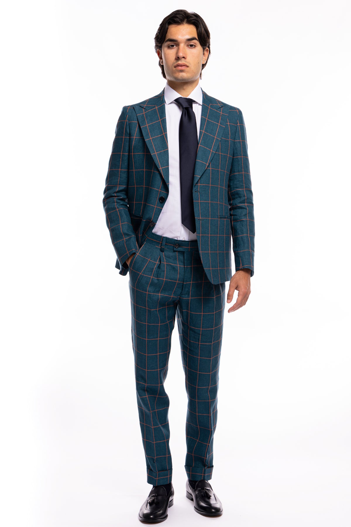 Giacca uomo monopetto verde fantasia quadri arancio lino e cotone Bristol Tessuti Rever largo a lancia
