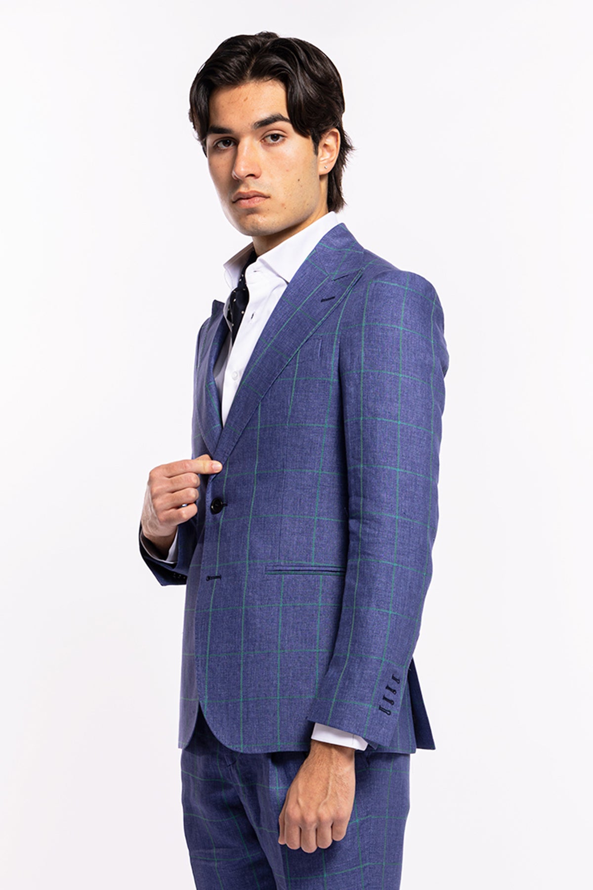 Giacca uomo monopetto denim fantasia quadri verde lino e cotone Bristol Tessuti Rever largo a lancia
