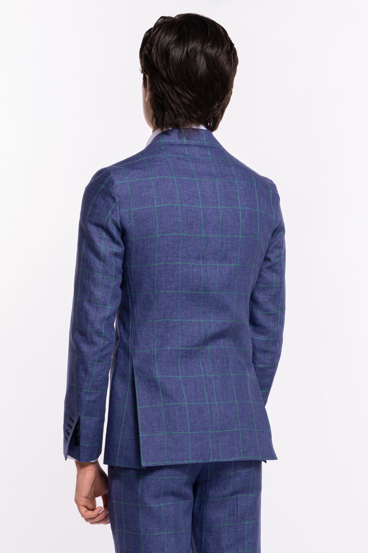 Giacca uomo monopetto denim fantasia quadri verde lino e cotone Bristol Tessuti Rever largo a lancia