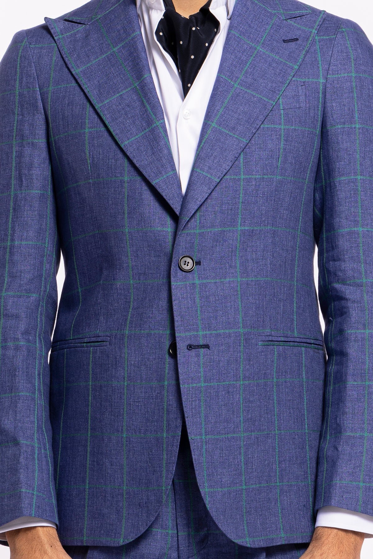 Giacca uomo monopetto denim fantasia quadri verde lino e cotone Bristol Tessuti Rever largo a lancia