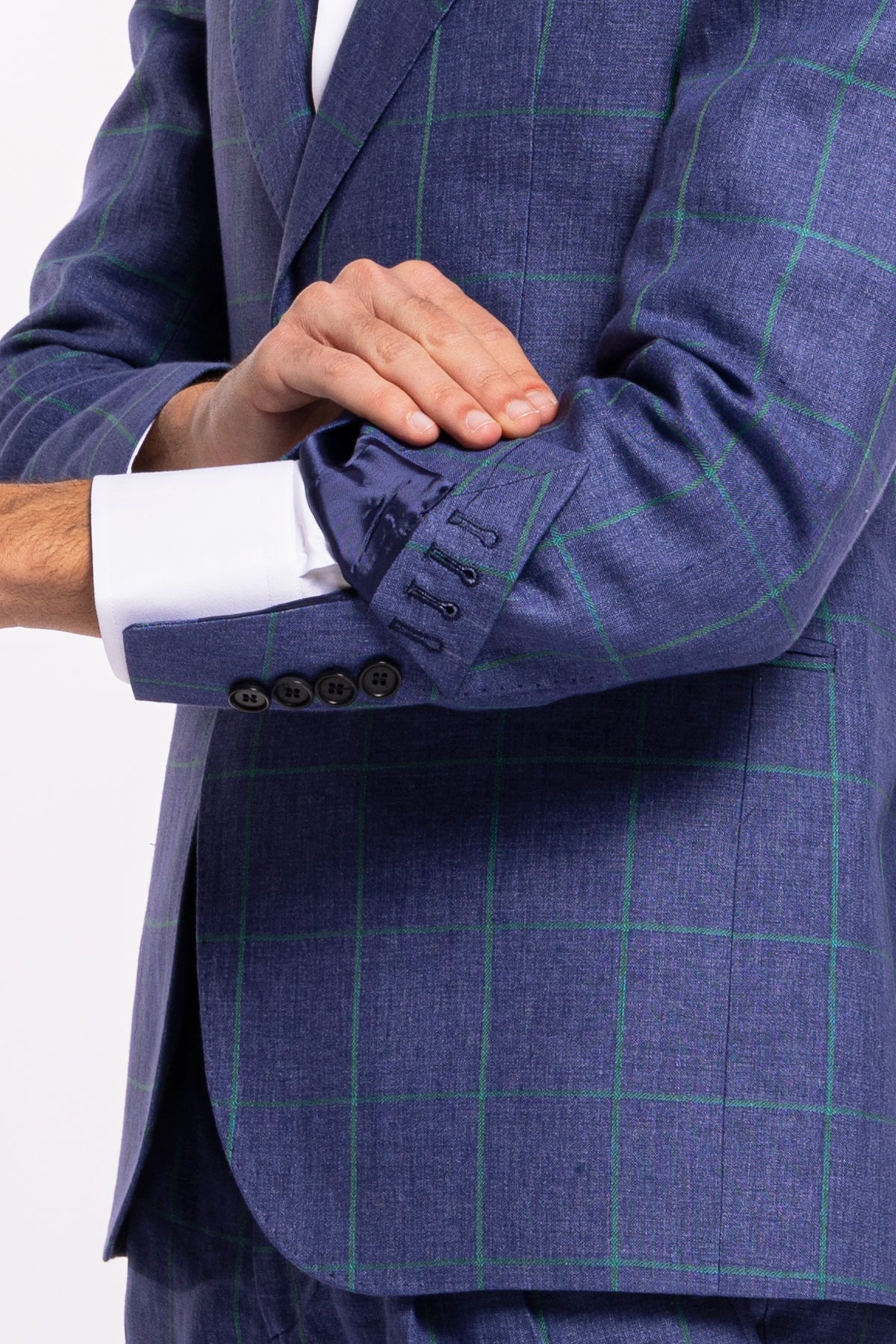 Giacca uomo monopetto denim fantasia quadri verde lino e cotone Bristol Tessuti Rever largo a lancia