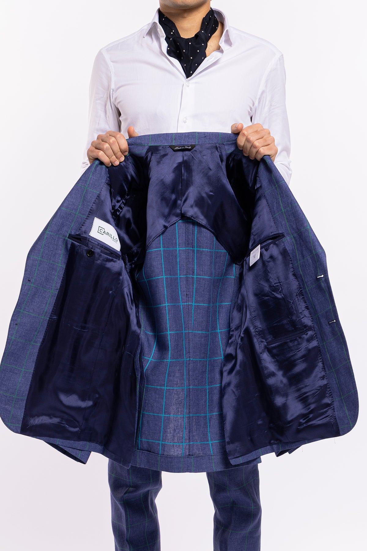 Abito uomo monopetto denim fantasia quadri verde lino e cotone Bristol Tessuti Rever largo a lancia