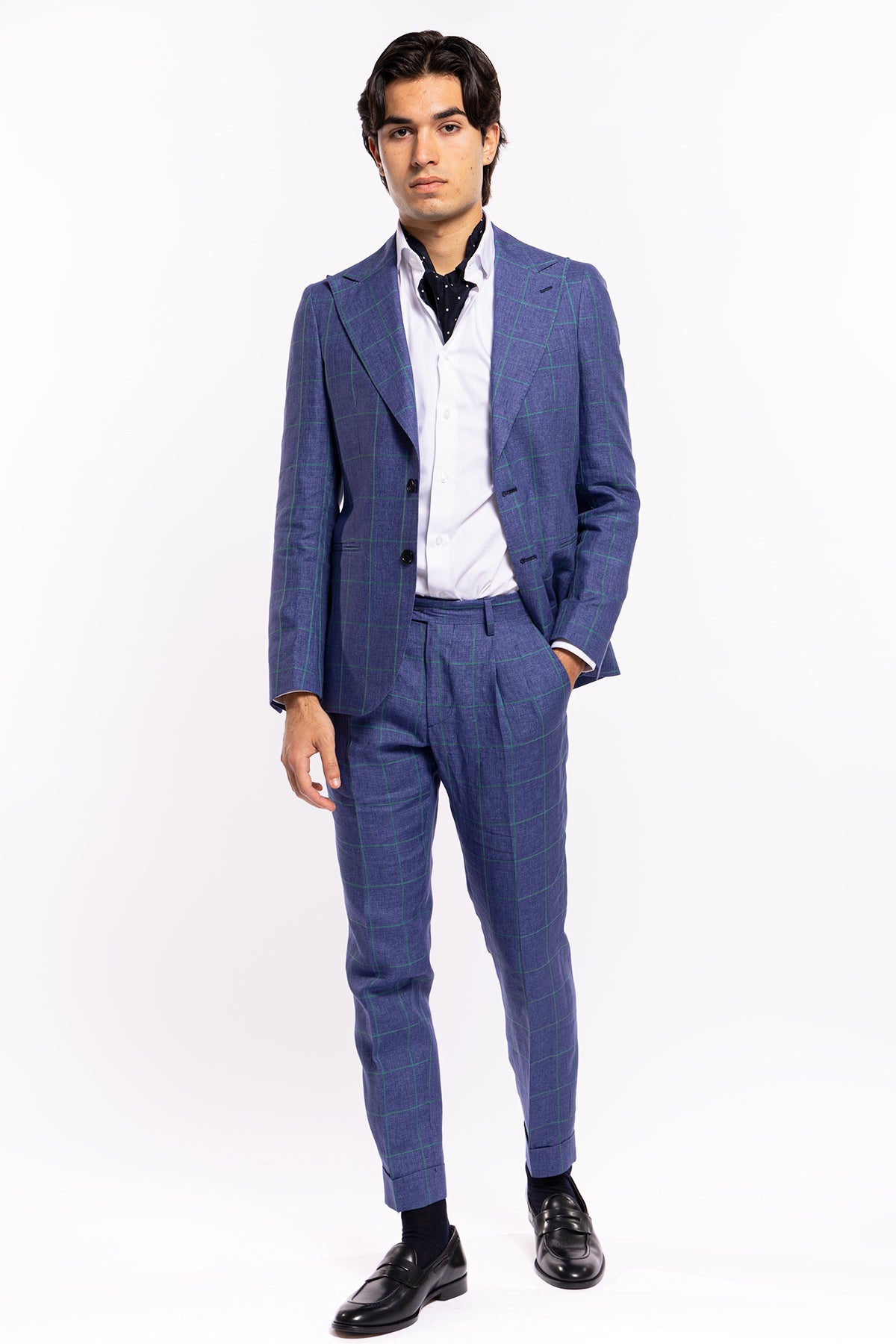 Abito uomo monopetto denim fantasia quadri verde lino e cotone Bristol Tessuti Rever largo a lancia