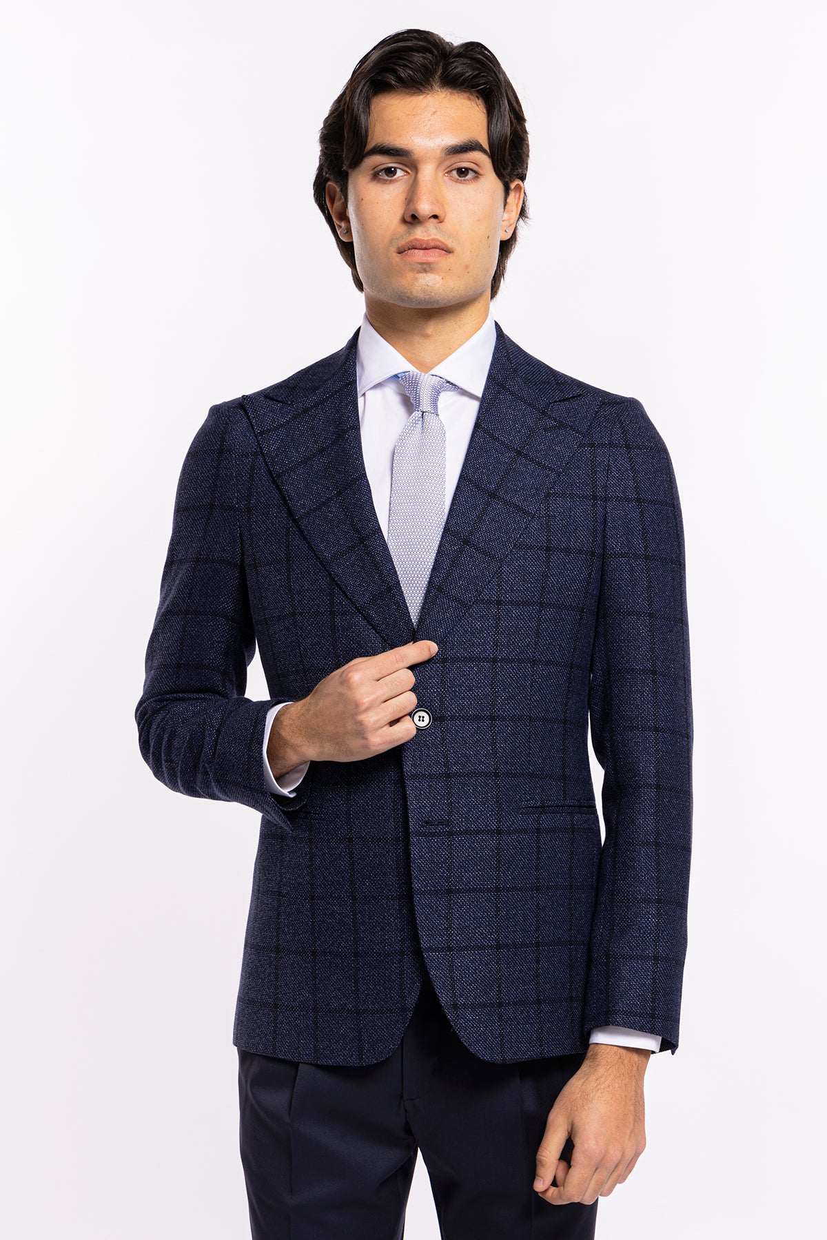 Giacca uomo monopetto blu melange fantasia quadri lana e lino Bristol Tessuti Rever largo a lancia