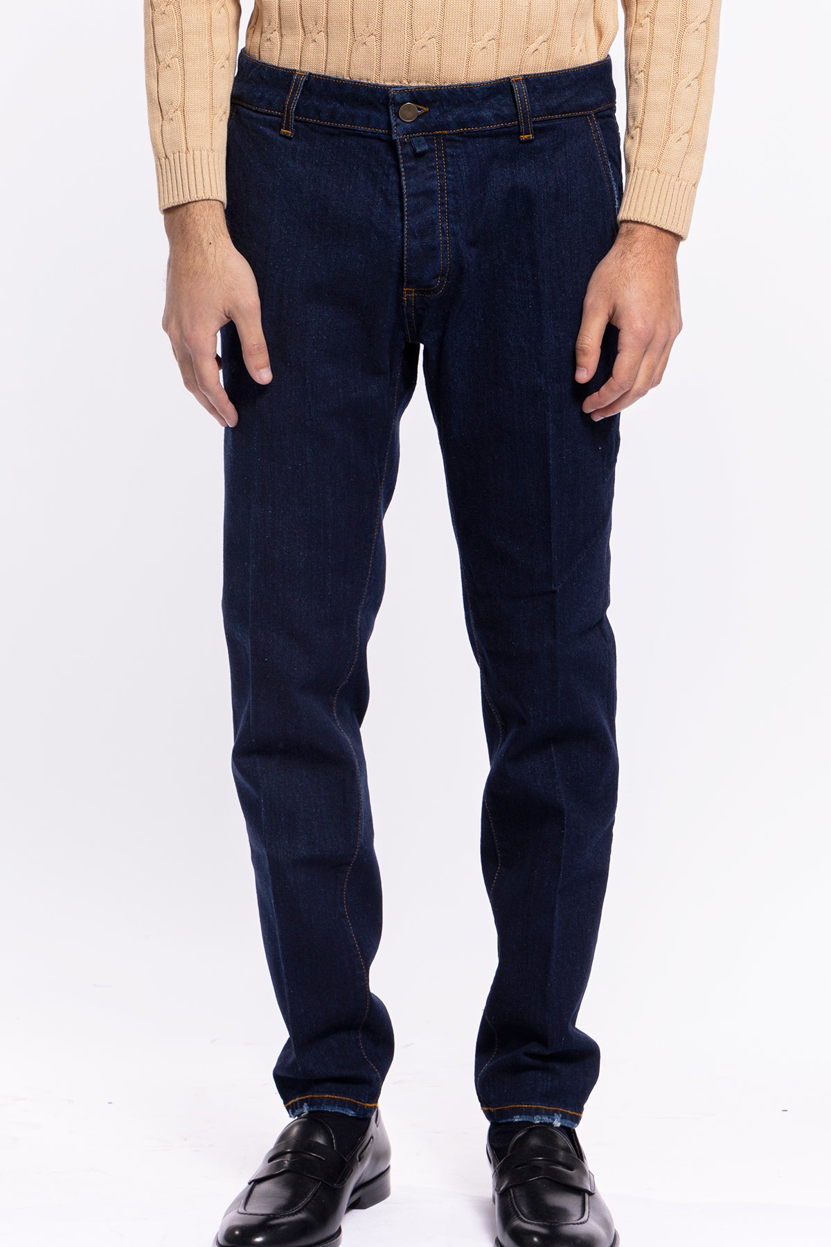 Jeans da uomo lavaggio zero tasca america con lievi rotture vestibilità slim cuciture in contrasto leggermente elasticizzato