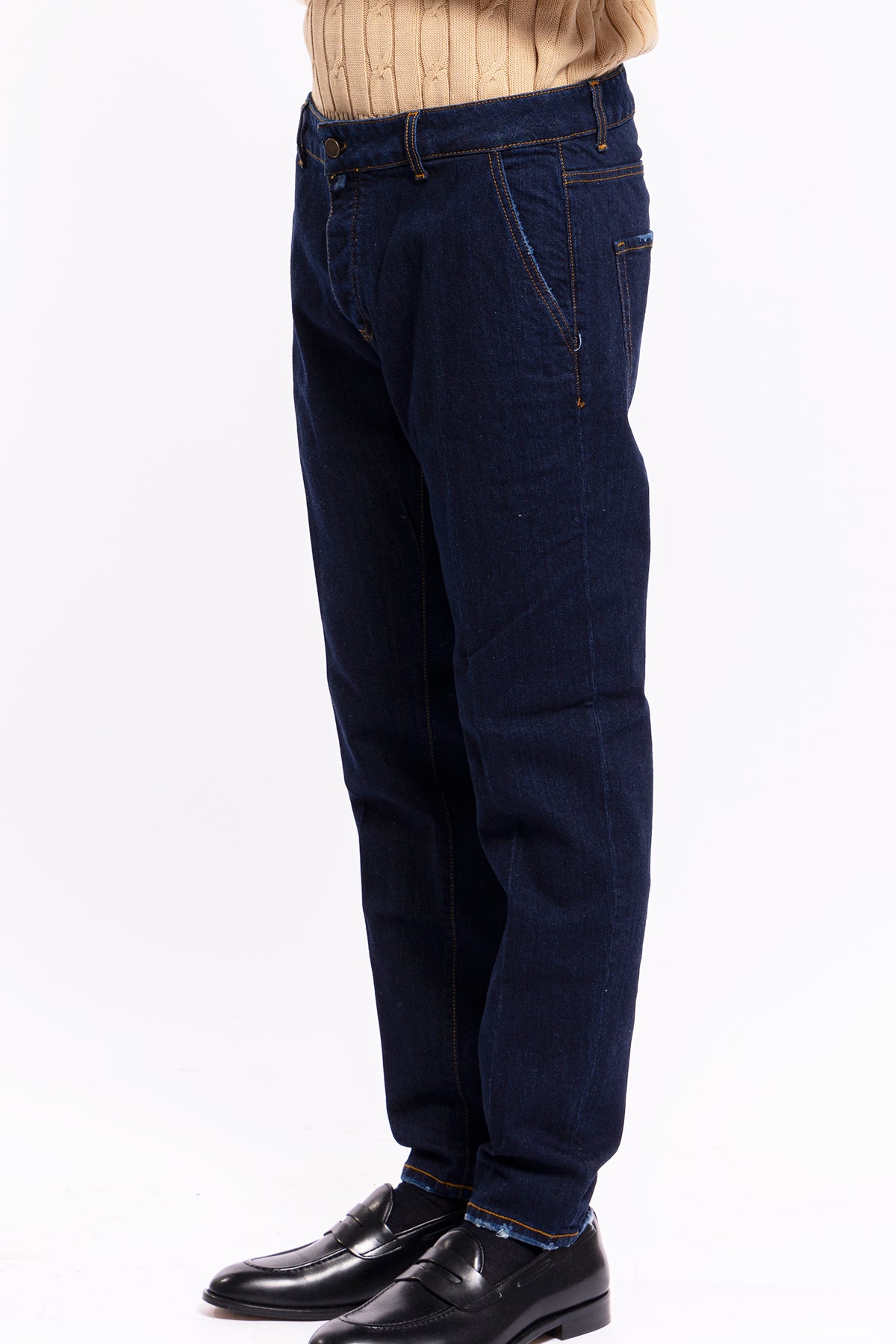 Jeans da uomo lavaggio zero tasca america con lievi rotture vestibilità slim cuciture in contrasto leggermente elasticizzato