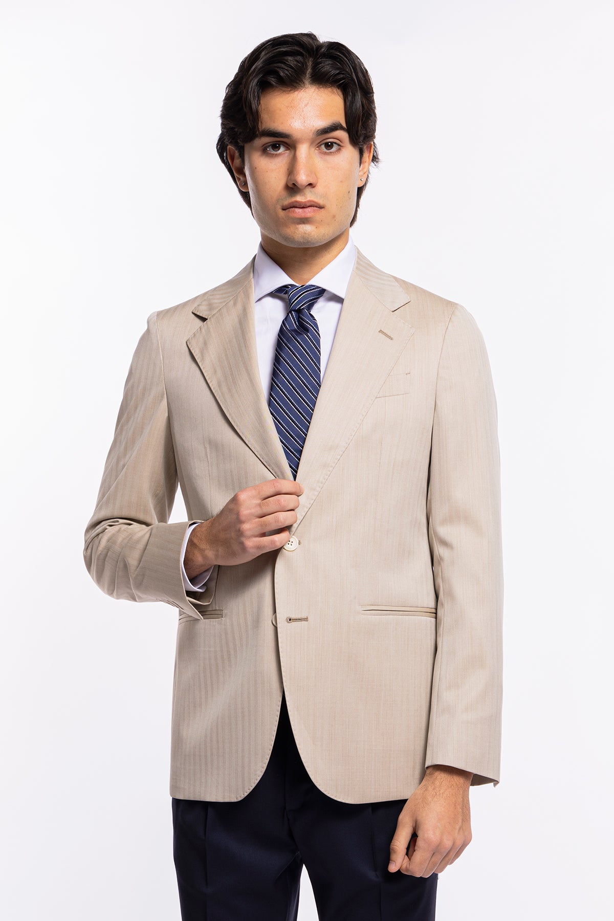 Giacca uomo monopetto Beige solaro fresco lana Bristol Tessuti Napoli rever normale largo