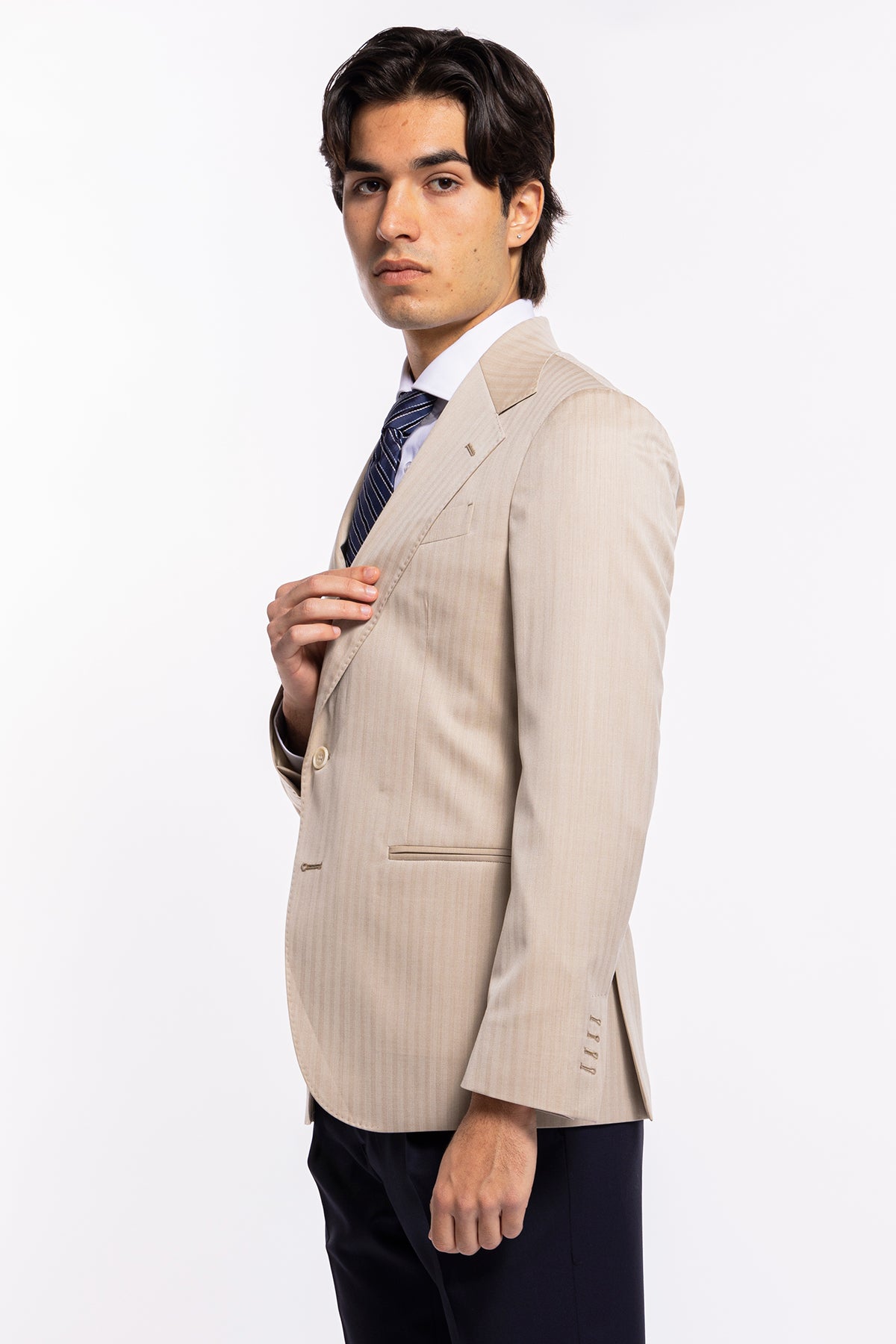 Giacca uomo monopetto Beige solaro fresco lana Bristol Tessuti Napoli rever normale largo