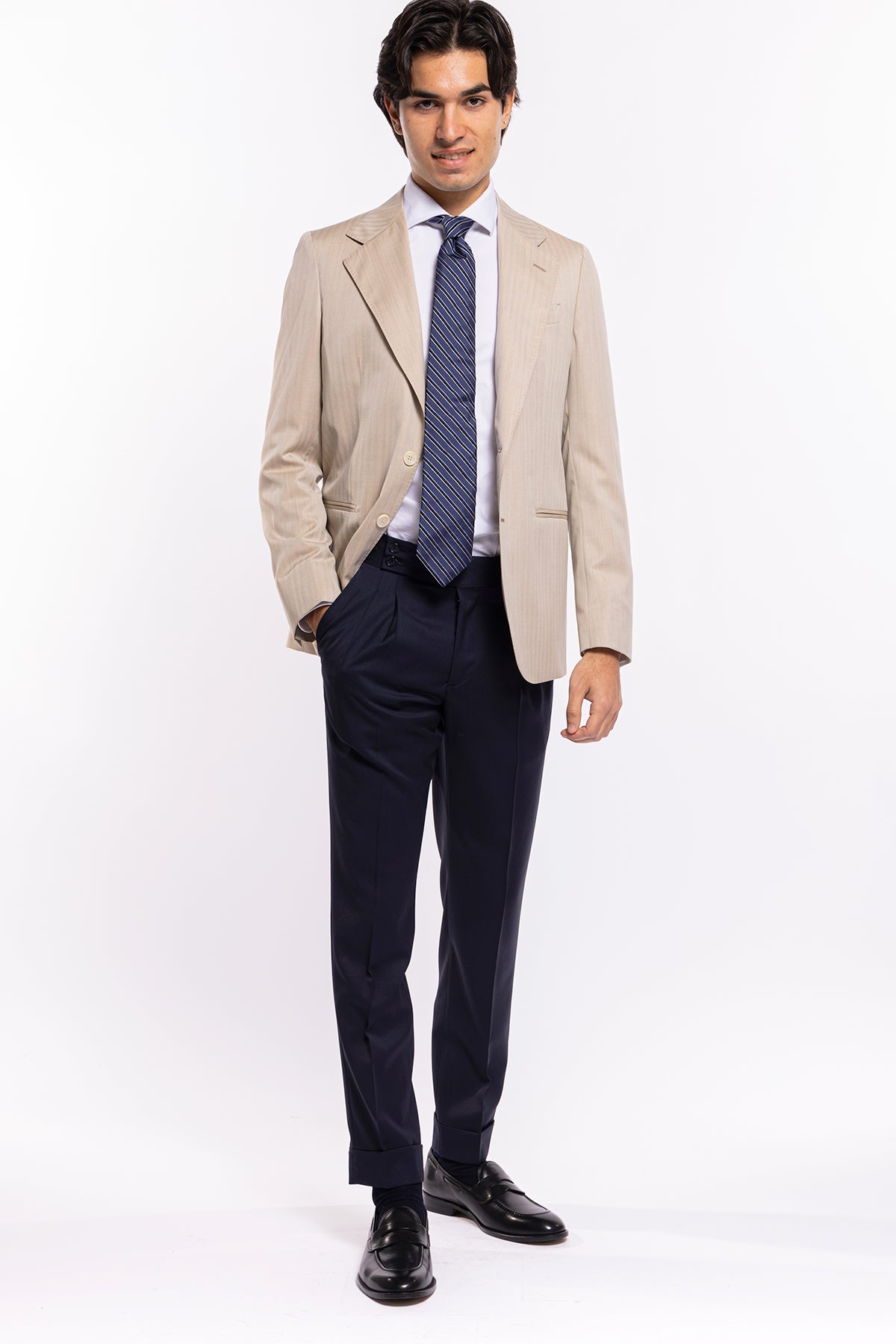 Giacca uomo monopetto Beige solaro fresco lana Bristol Tessuti Napoli rever normale largo