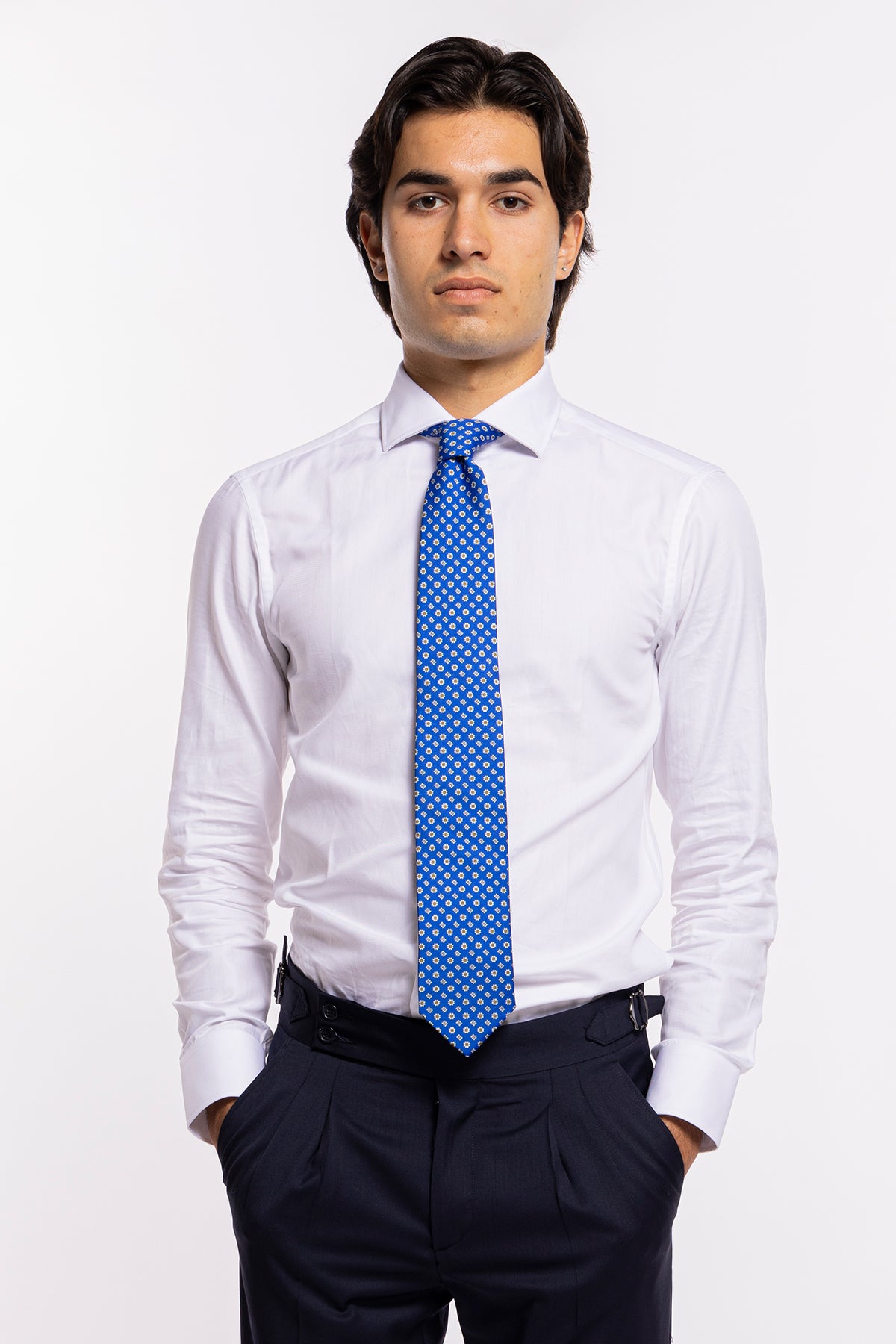Cravatta uomo royal blu fantasia fiori in seta 100% larghezza 8 cm da cerimonia elegante