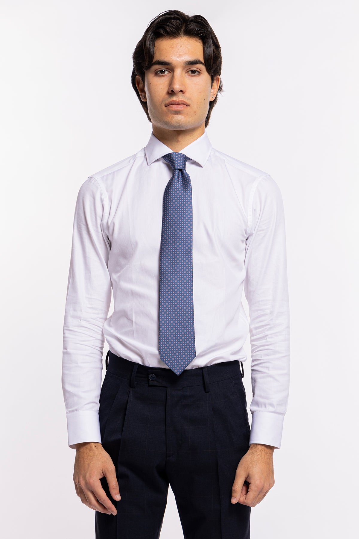 Cravatta uomo blu denim fantasia fiori in seta 100% larghezza 8 cm da cerimonia elegante