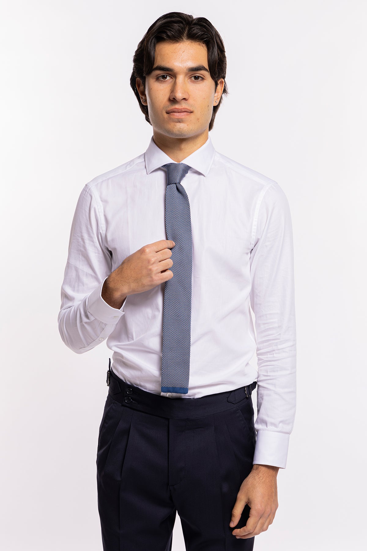 Cravatta uomo beige e bluette in tricot 100% cotone larghezza 6 cm adatta per uno spezzato