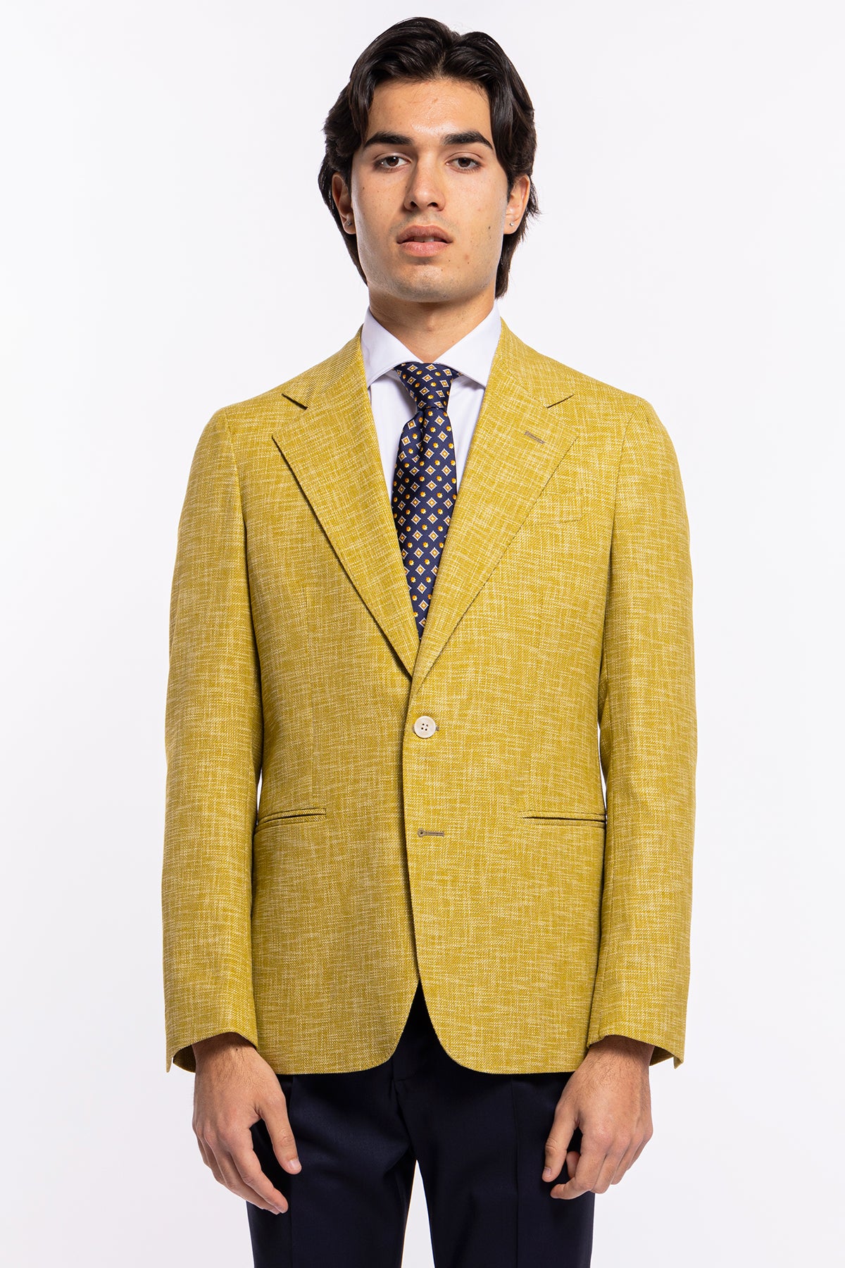 Giacca uomo monopetto gialla effetto melange misto lana e cotone Bristol Tessuti Napoli rever classico largo