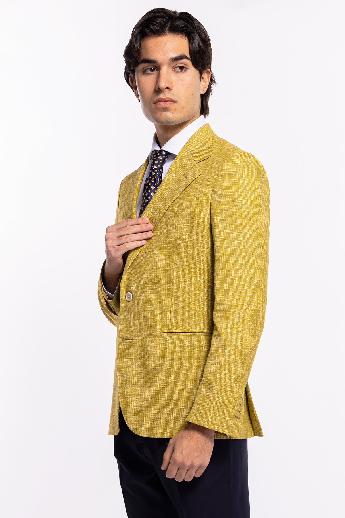 Giacca uomo monopetto gialla effetto melange misto lana e cotone Bristol Tessuti Napoli rever classico largo