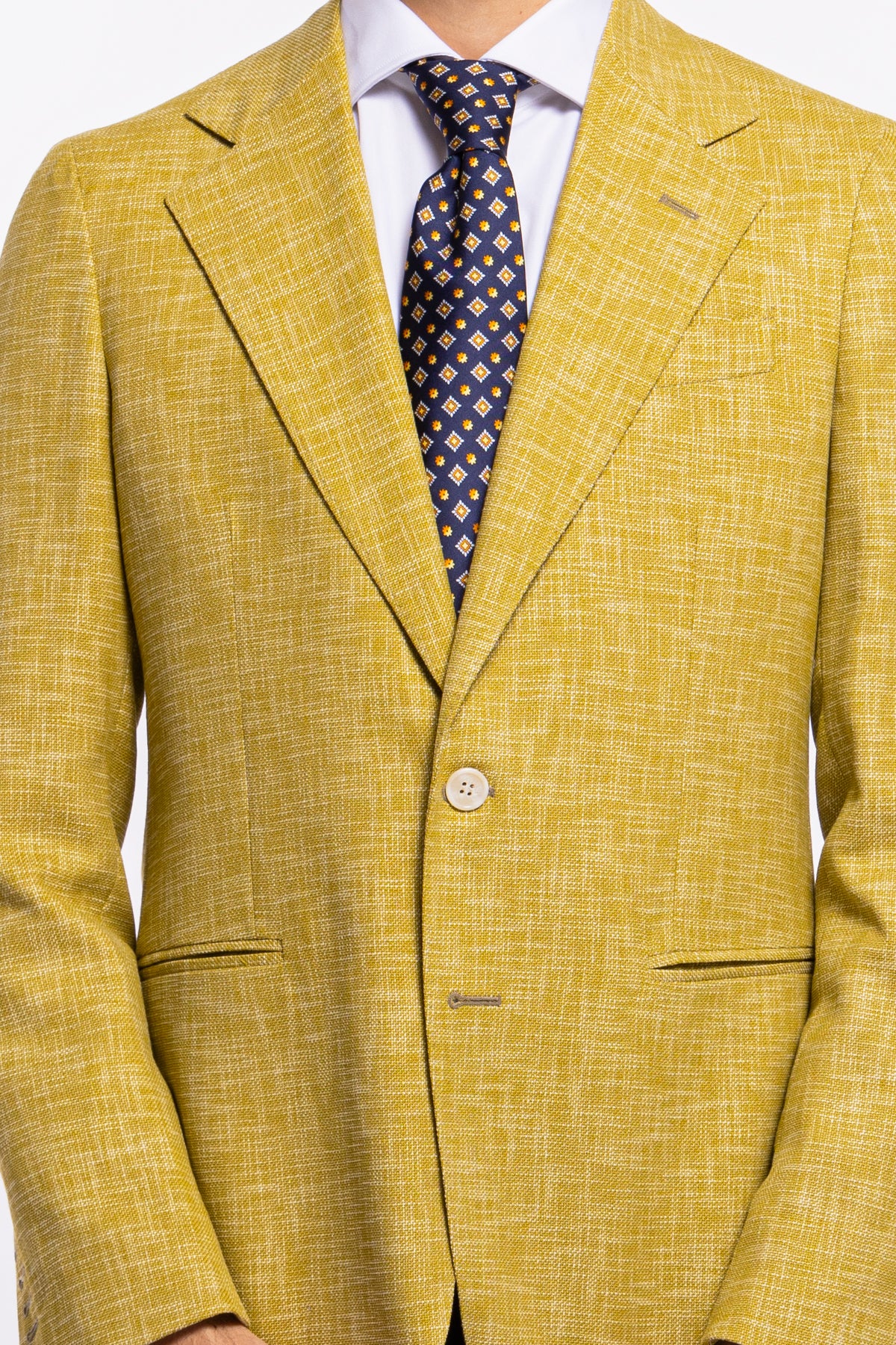 Giacca uomo monopetto gialla effetto melange misto lana e cotone Bristol Tessuti Napoli rever classico largo