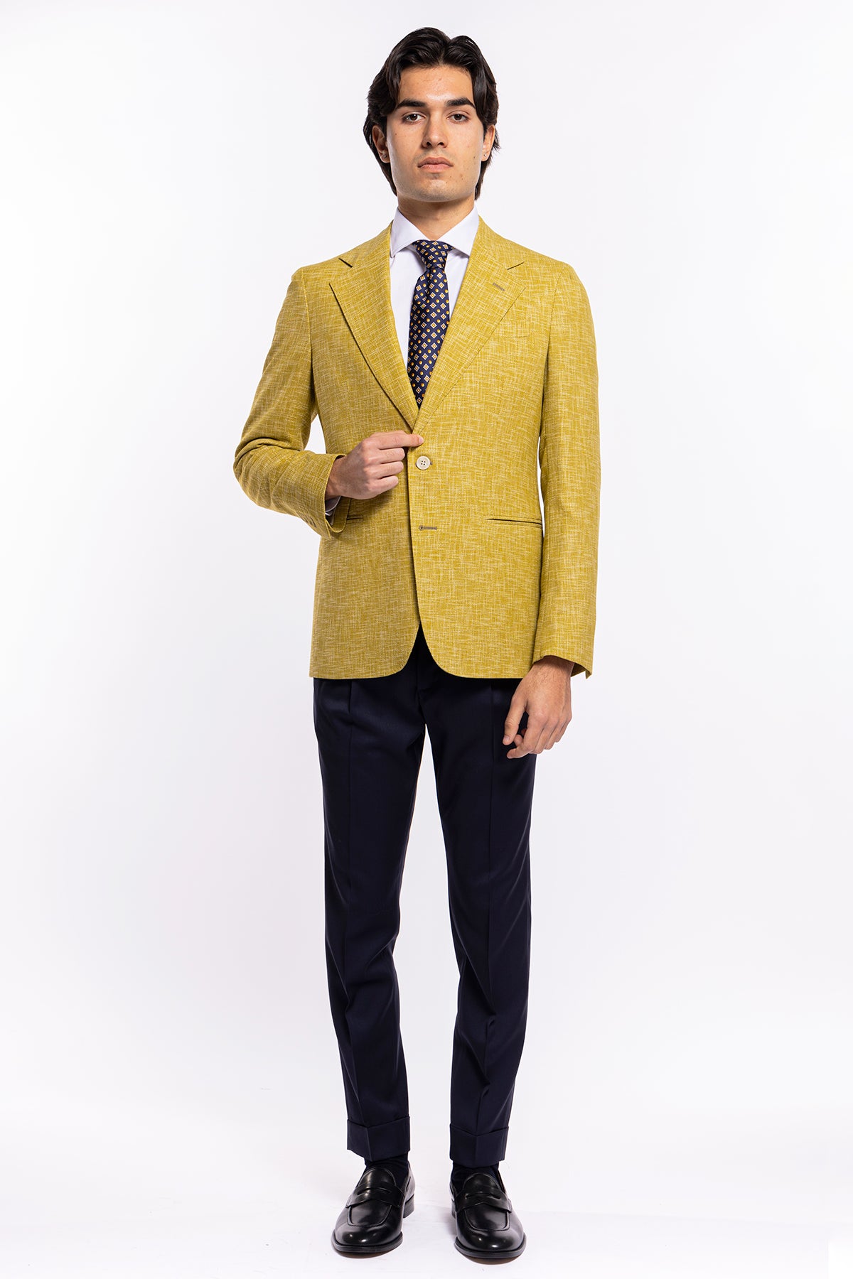 Giacca uomo monopetto gialla effetto melange misto lana e cotone Bristol Tessuti Napoli rever classico largo