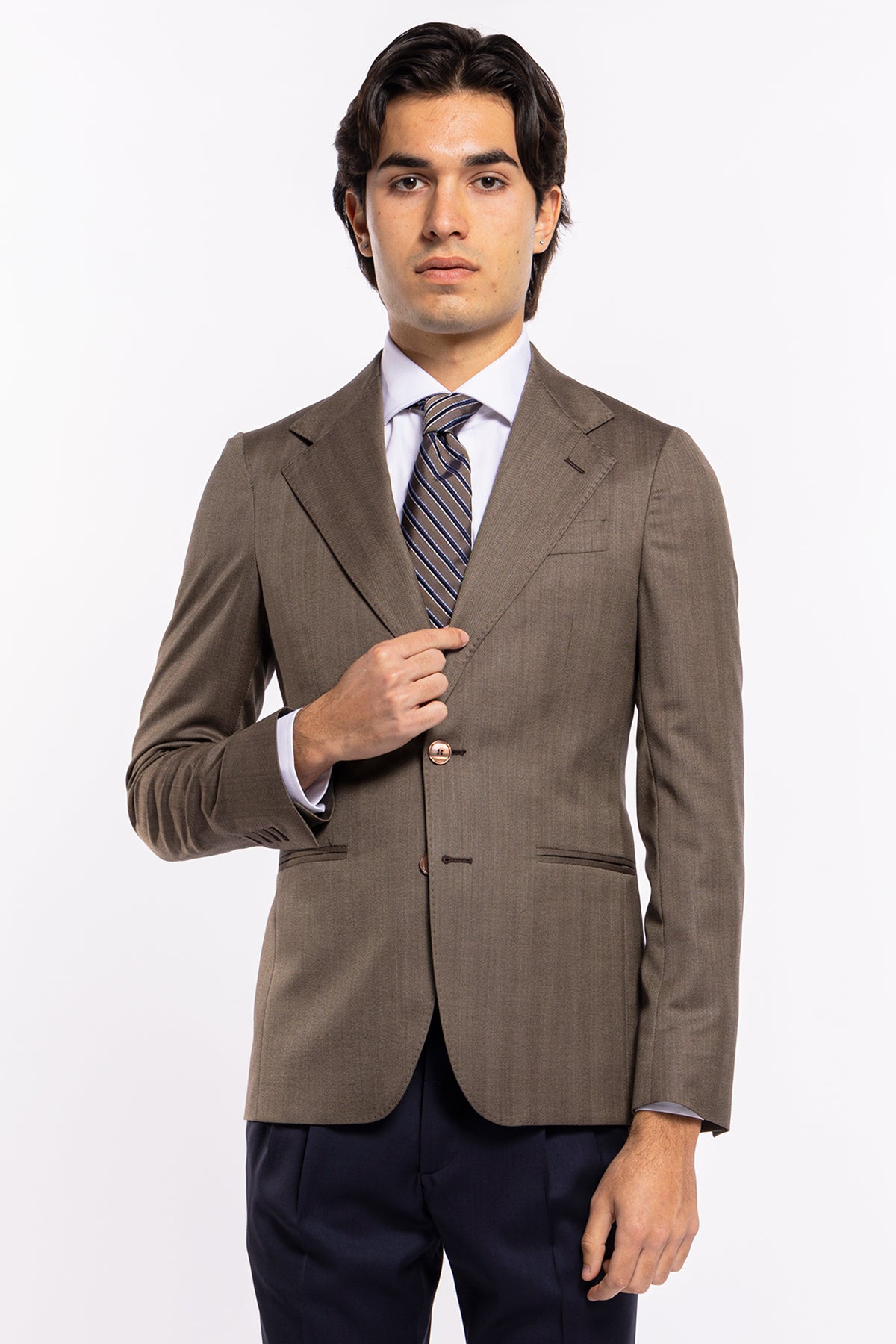 Giacca uomo monopetto fango spigata in fresco lana Vitale Barberis Canonico sartoriale slim fit rever classico