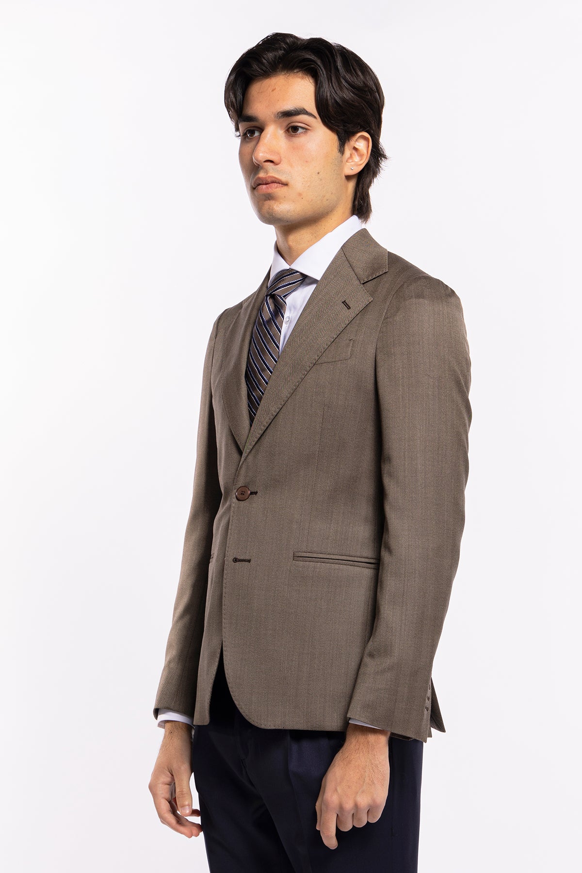Giacca uomo monopetto fango spigata in fresco lana Vitale Barberis Canonico sartoriale slim fit rever classico