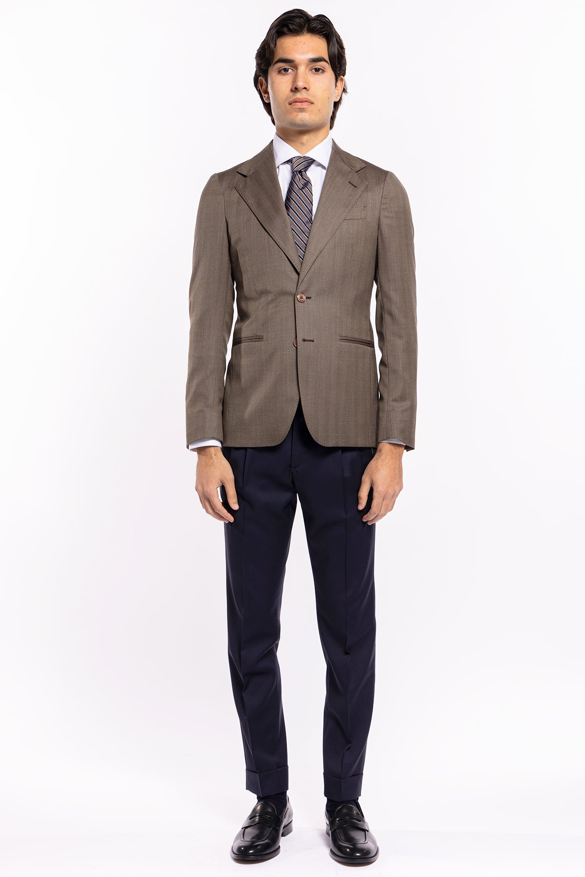 Giacca uomo monopetto fango spigata in fresco lana Vitale Barberis Canonico sartoriale slim fit rever classico