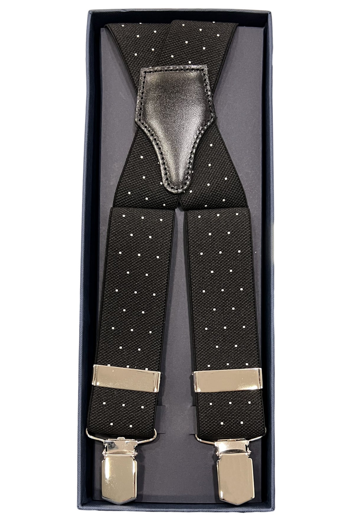 Bretelle da uomo nere fantasia pois bianchi Elasticizzate 3,5 cm regolabili con chiusura pinze argento