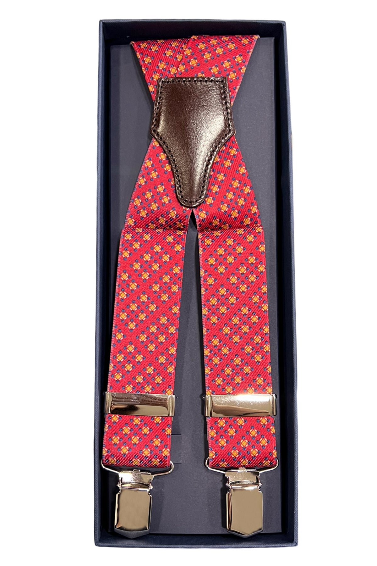 Bretelle da uomo rosse fantasia rombi multicolor Elasticizzate 3,5 cm regolabili con chiusura pinze argento