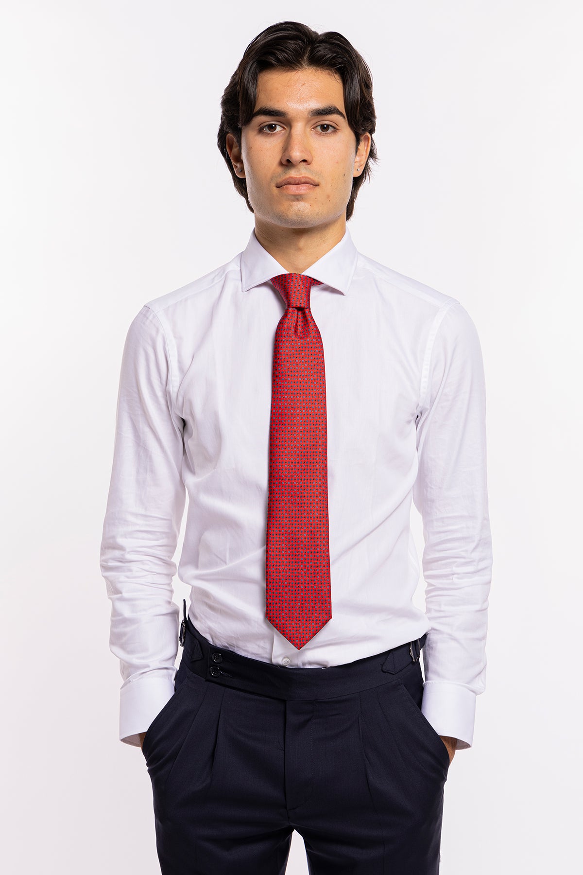 Cravatta uomo rossa 9cm in seta fantasia fiorellini Azzurri da cerimonia elegante
