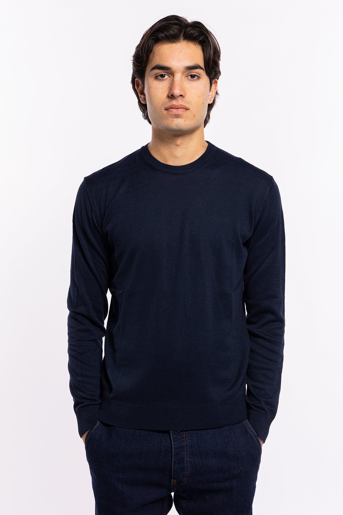 Maglioncino da uomo blu notte maniche lunghe 100% cotone di filo tinta unita finezza 14<br />
-