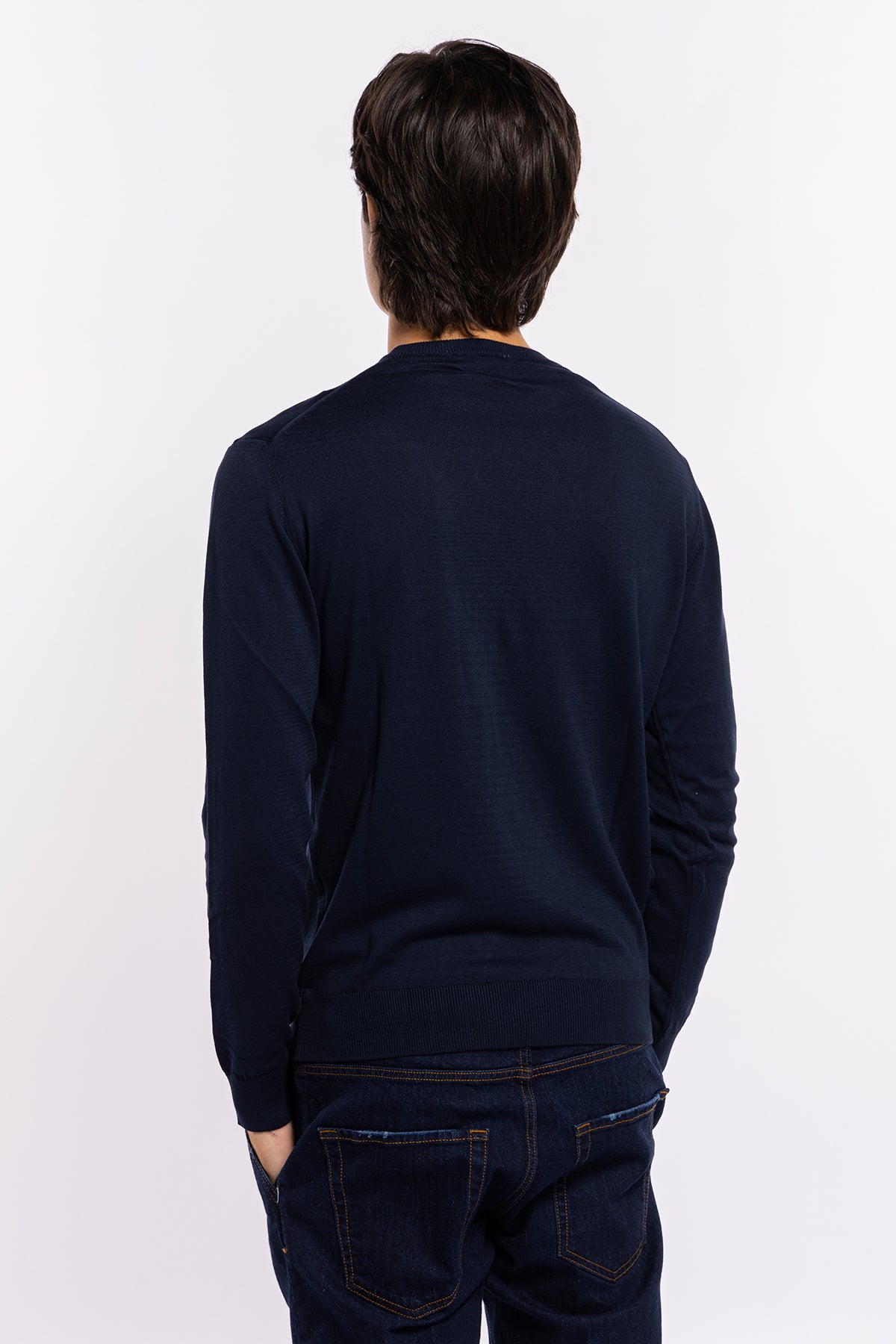 Maglioncino da uomo blu notte maniche lunghe 100% cotone di filo tinta unita finezza 14<br />
-