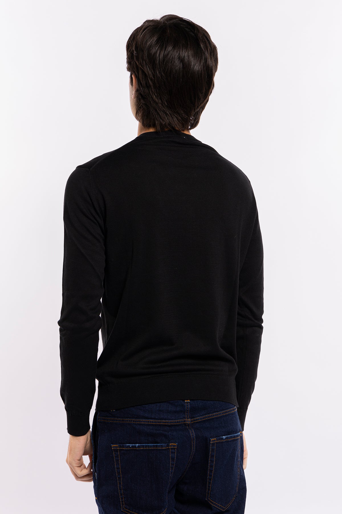 Maglioncino da uomo nero maniche lunghe 100% cotone di filo tinta unita finezza 14<br />
-