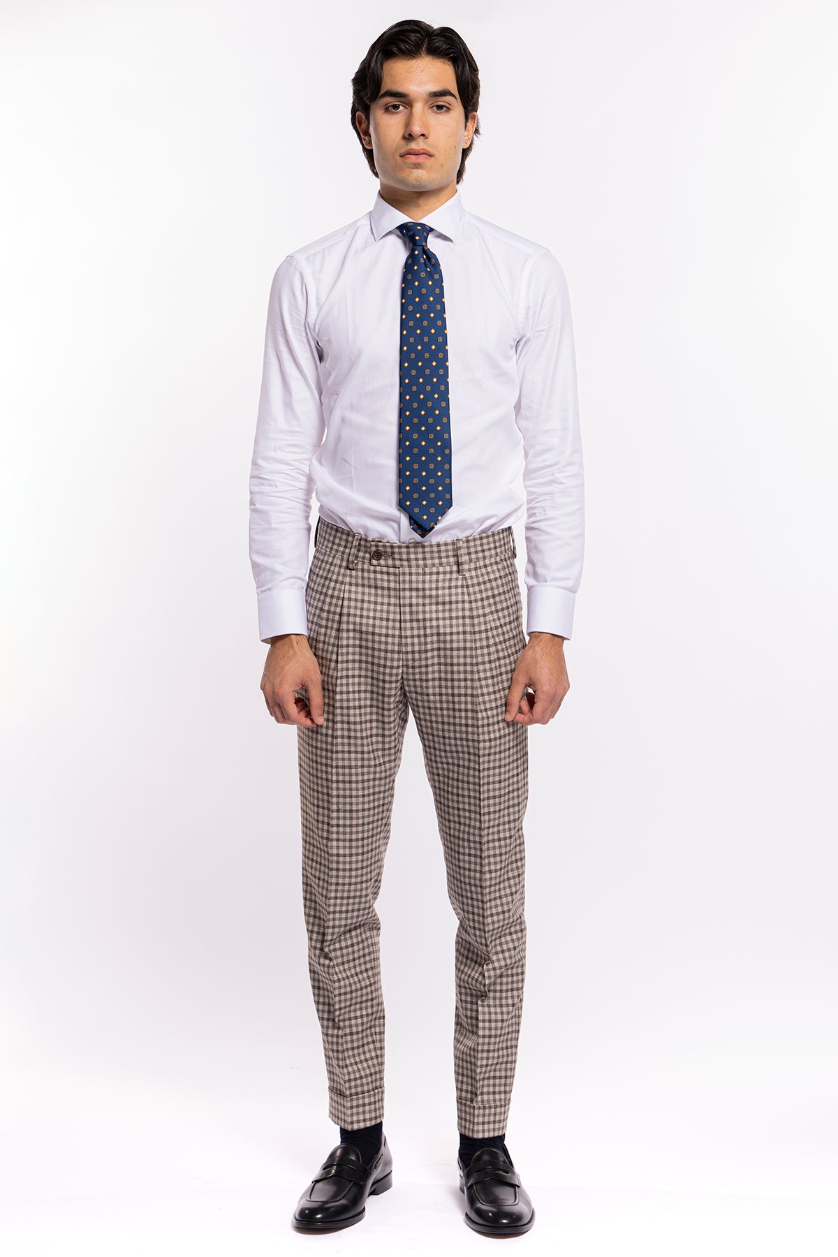 Pantalone uomo vita alta beige a quadri marroni fresco lana Vitale Barberis Canonico con doppia pinces e risvolto