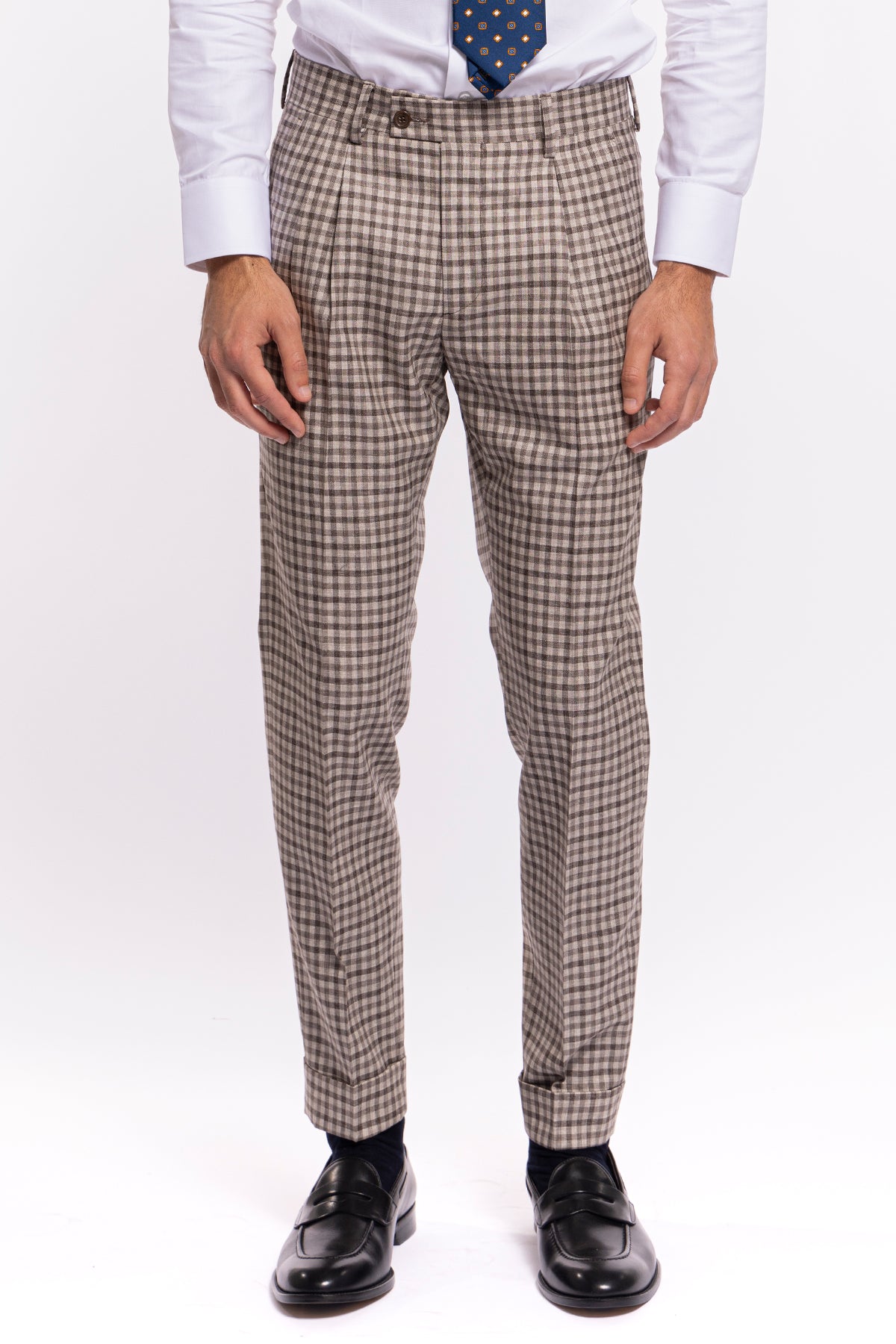 Pantalone uomo vita alta beige a quadri marroni fresco lana Vitale Barberis Canonico con doppia pinces e risvolto