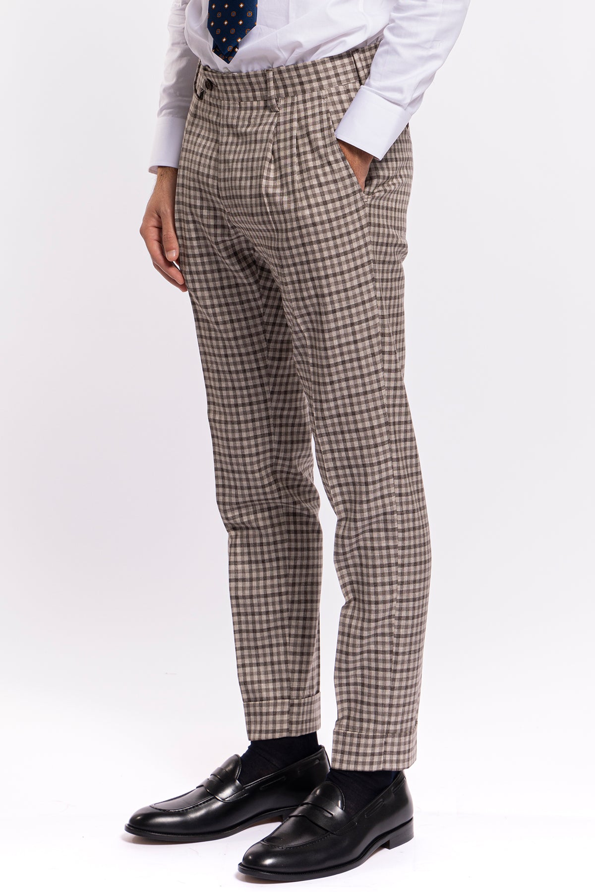 Pantalone uomo vita alta beige a quadri marroni fresco lana Vitale Barberis Canonico con doppia pinces e risvolto