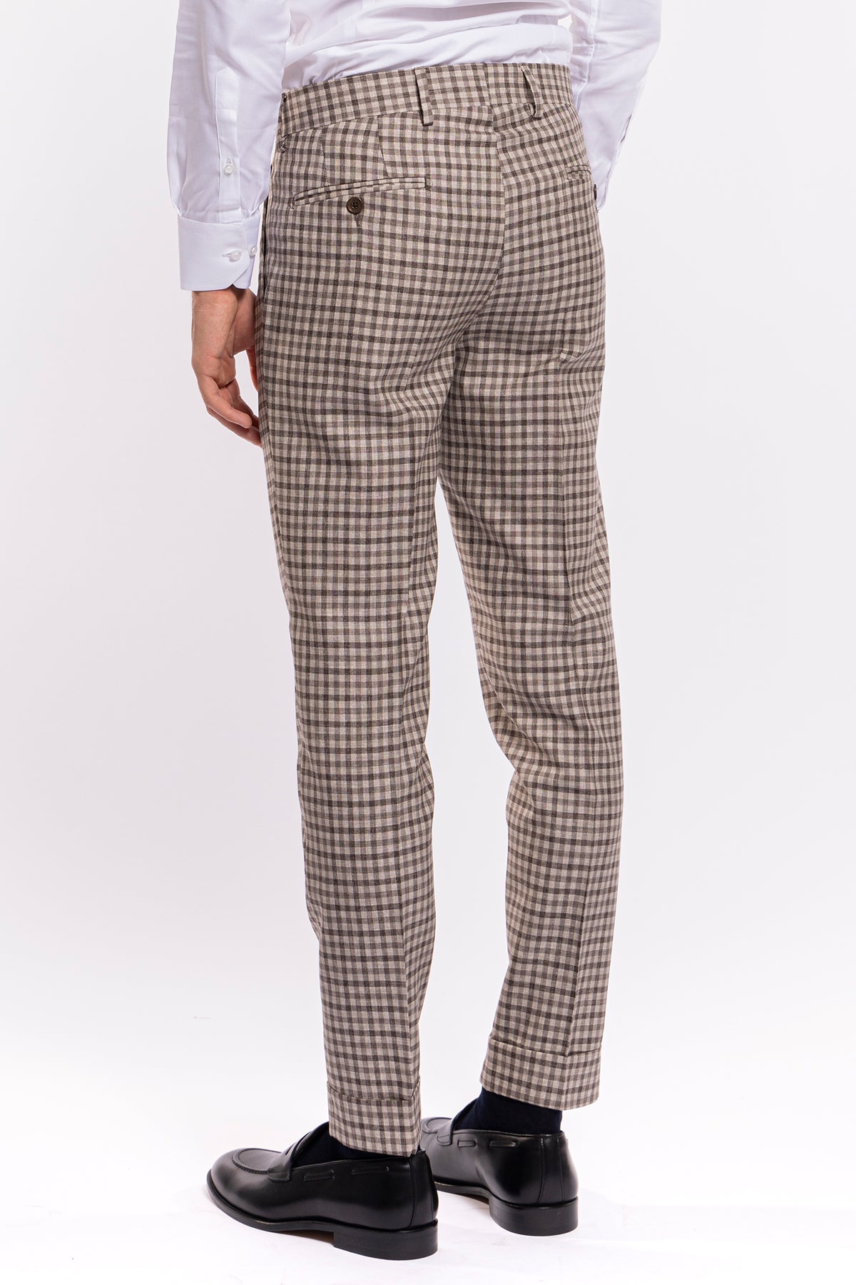 Pantalone uomo vita alta beige a quadri marroni fresco lana Vitale Barberis Canonico con doppia pinces e risvolto