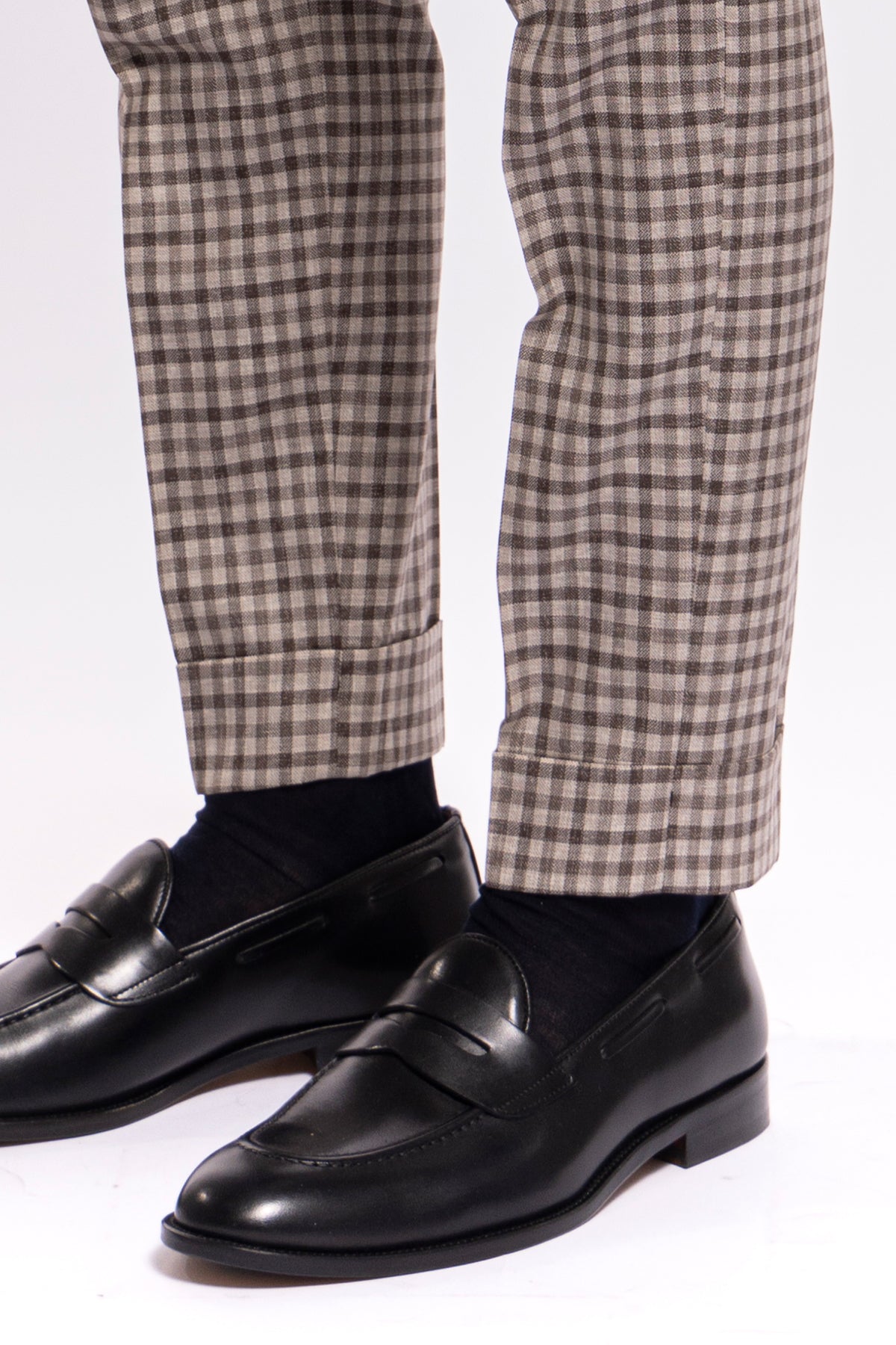 Pantalone uomo vita alta beige a quadri marroni fresco lana Vitale Barberis Canonico con doppia pinces e risvolto