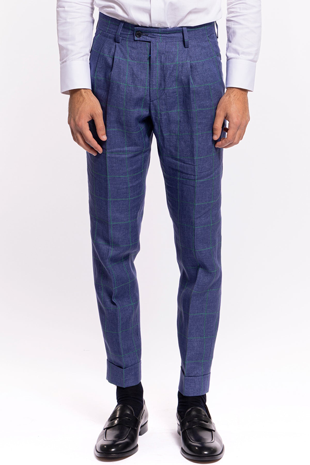 Abito uomo monopetto denim fantasia quadri verde lino e cotone Bristol Tessuti Rever largo a lancia