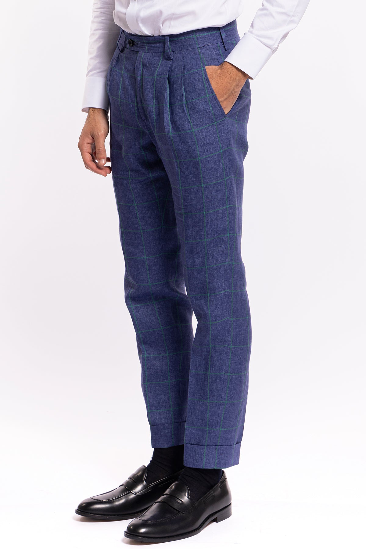 Abito uomo monopetto denim fantasia quadri verde lino e cotone Bristol Tessuti Rever largo a lancia