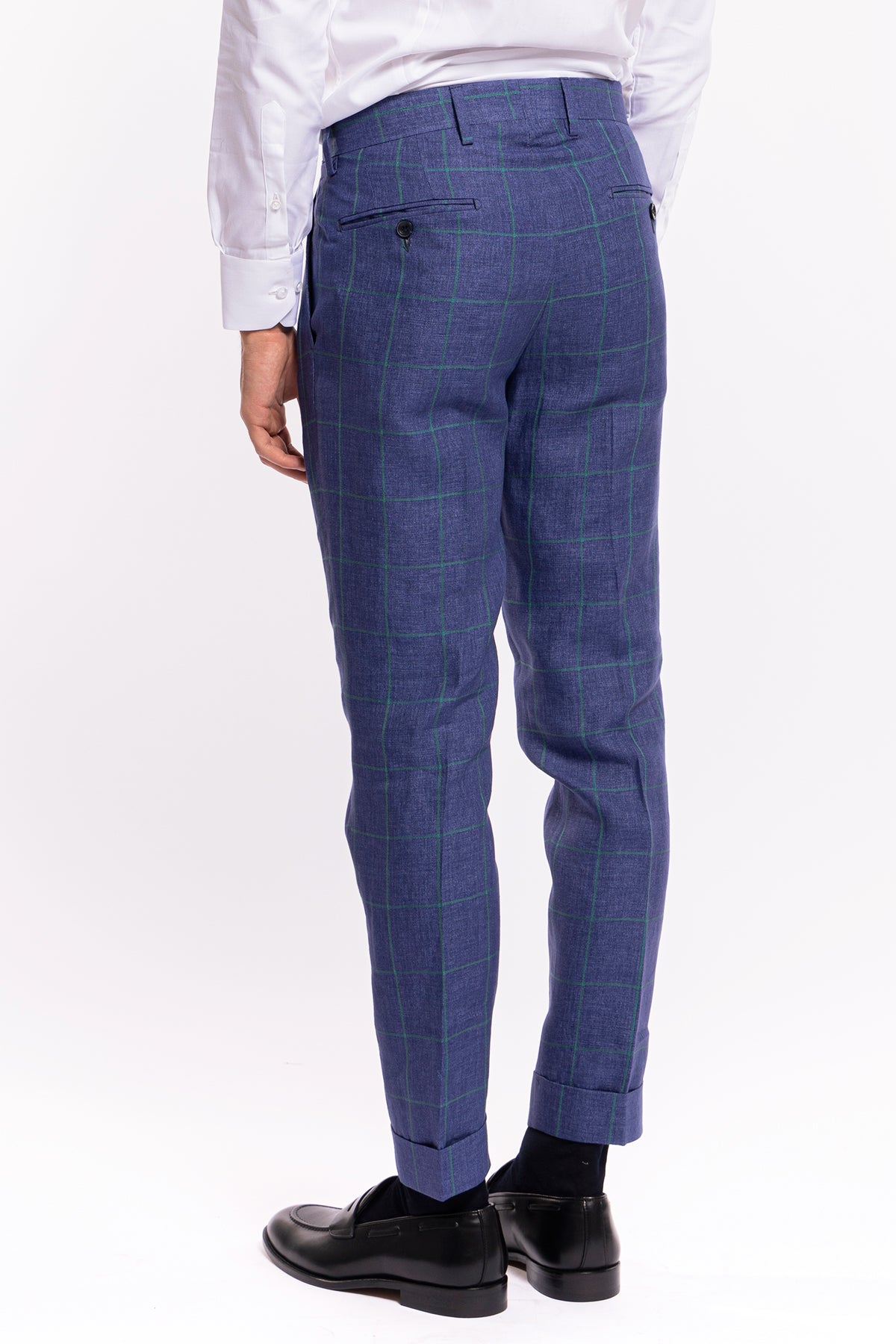 Abito uomo monopetto denim fantasia quadri verde lino e cotone Bristol Tessuti Rever largo a lancia