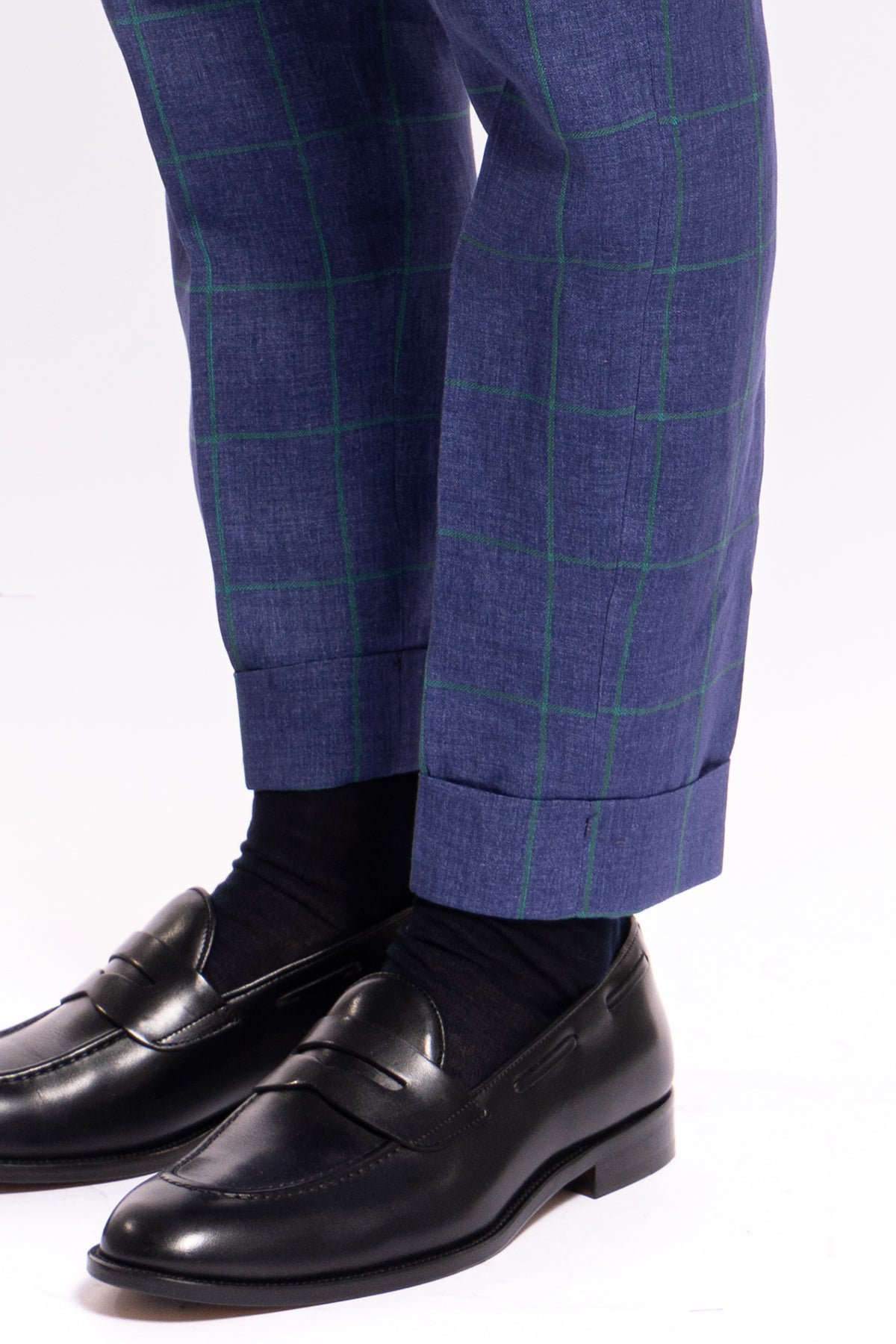 Abito uomo monopetto denim fantasia quadri verde lino e cotone Bristol Tessuti Rever largo a lancia