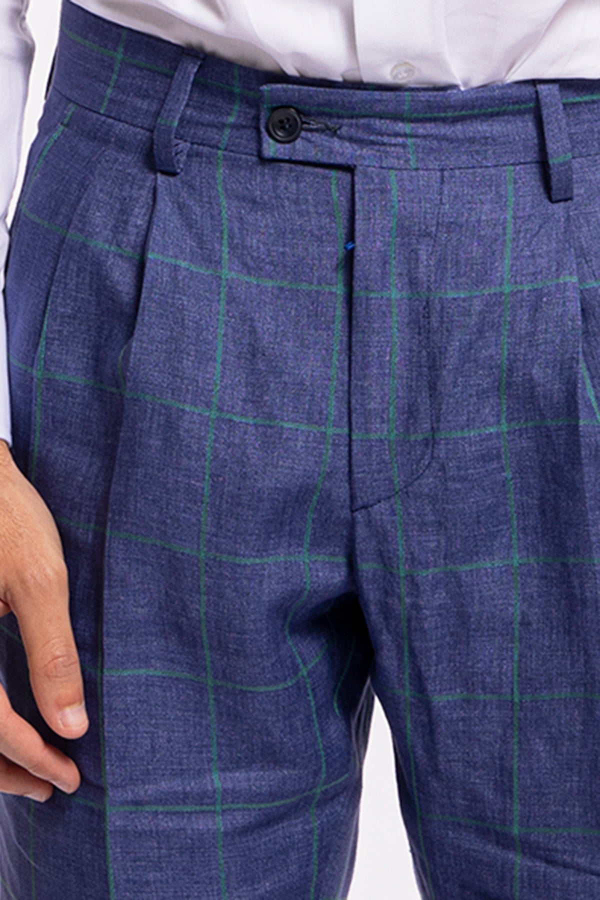 Abito uomo monopetto denim fantasia quadri verde lino e cotone Bristol Tessuti Rever largo a lancia