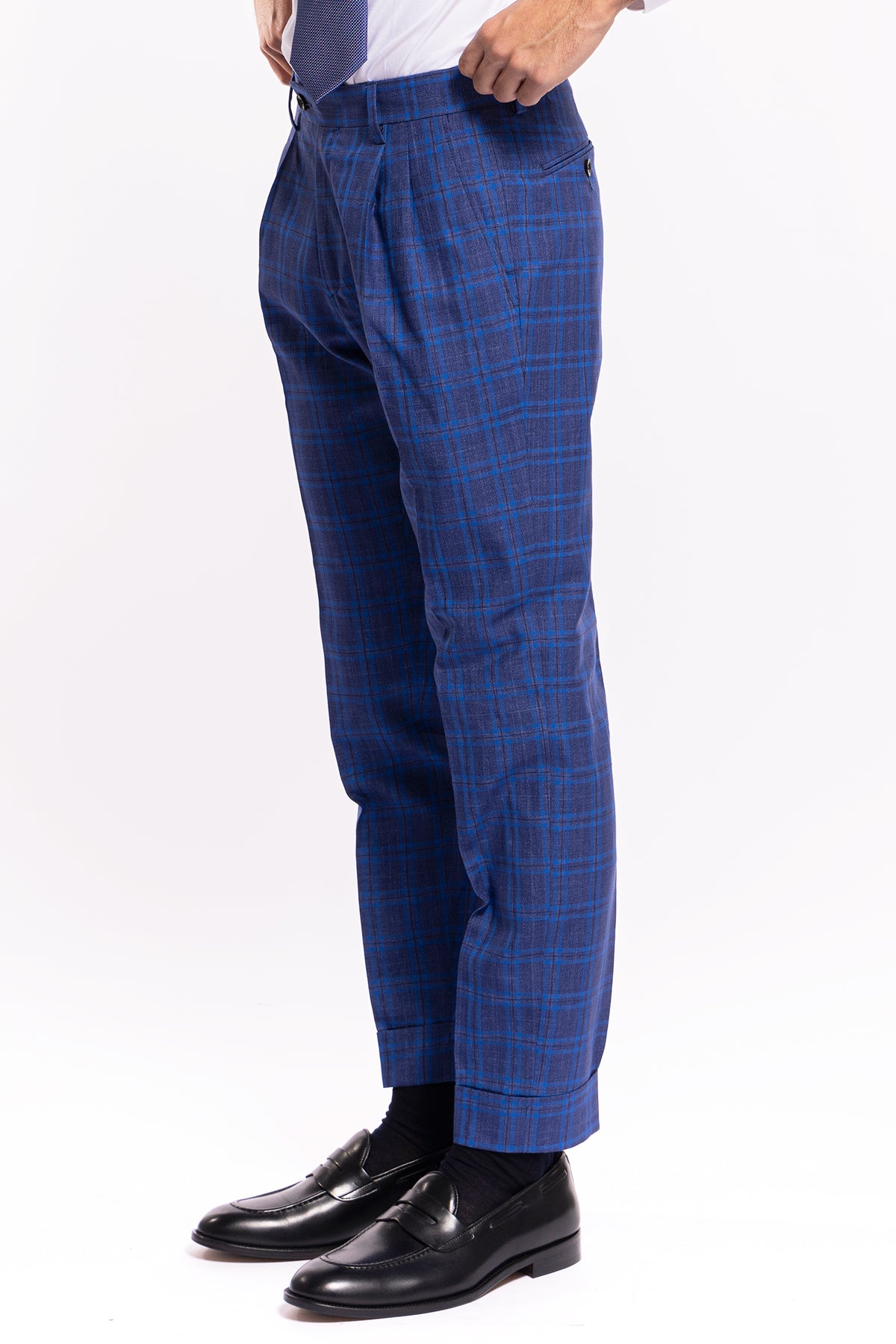 Abito uomo monopetto blu fantasia quadri royal blu fresco lana e seta Bristol Tessuti Rever largo a lancia