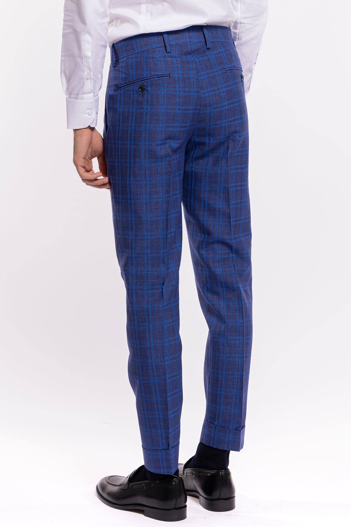 Abito uomo monopetto blu fantasia quadri royal blu fresco lana e seta Bristol Tessuti Rever largo a lancia
